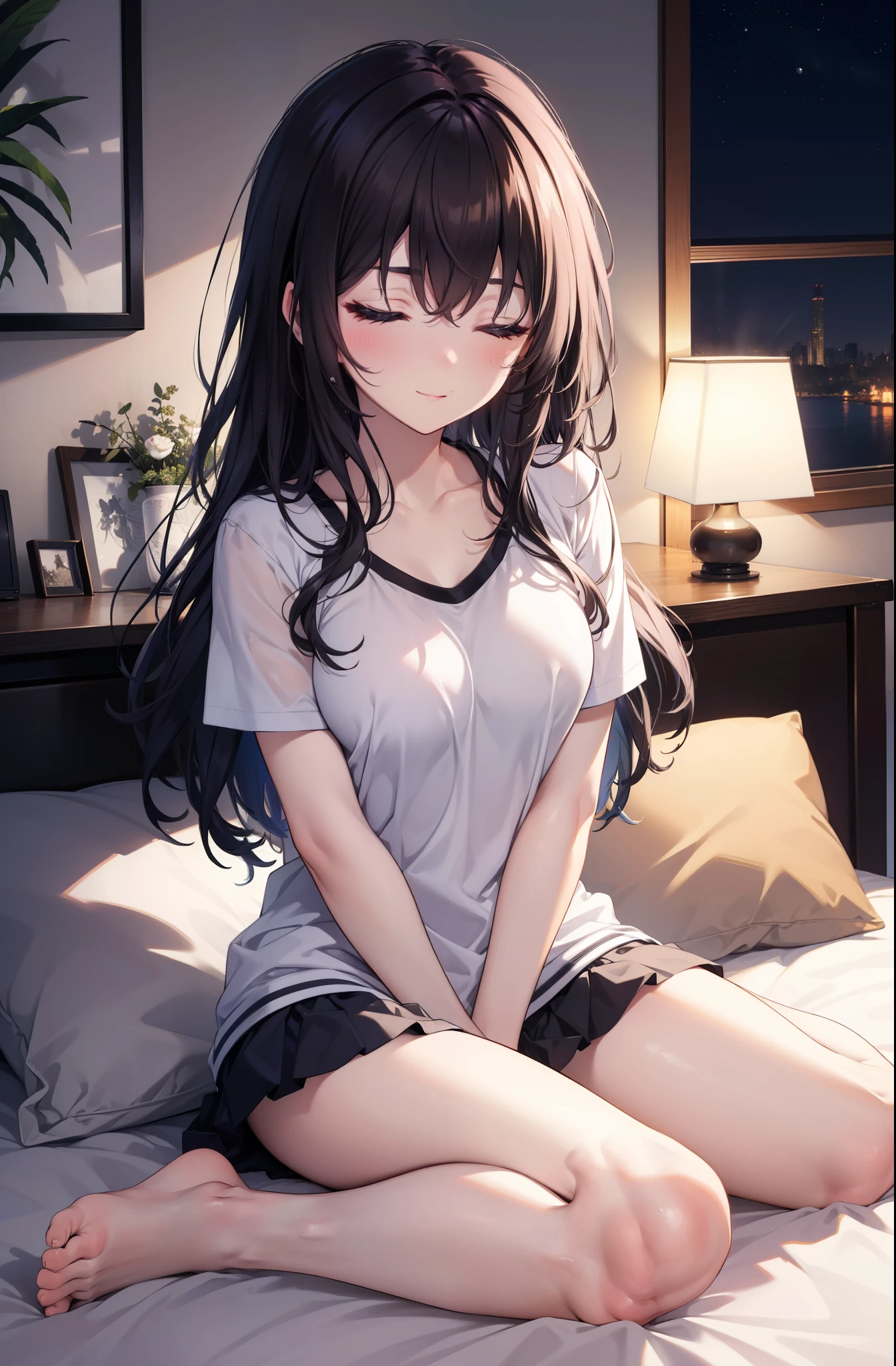 for profit, utaha kasumigaoka, black hair,  long hair, smile,windows，romantic starry sky，sleeping with both eyes closed,A meteor crosses,T-shirt,black string underwear,sleeping in bed,night,moonlight,sleep with your head on the pillow,Sleeping lying on your back in bed,dark room, barefoot　　　　　　　　　　　　　　　　　　
break indoors,Bedroom,
break (masterpiece:1.2), highest quality, High resolution, unity 8k wallpaper, (figure:0.8), highly detailed face, perfect lighting, Very detailed CG, (perfect hands, perfect anatomy),