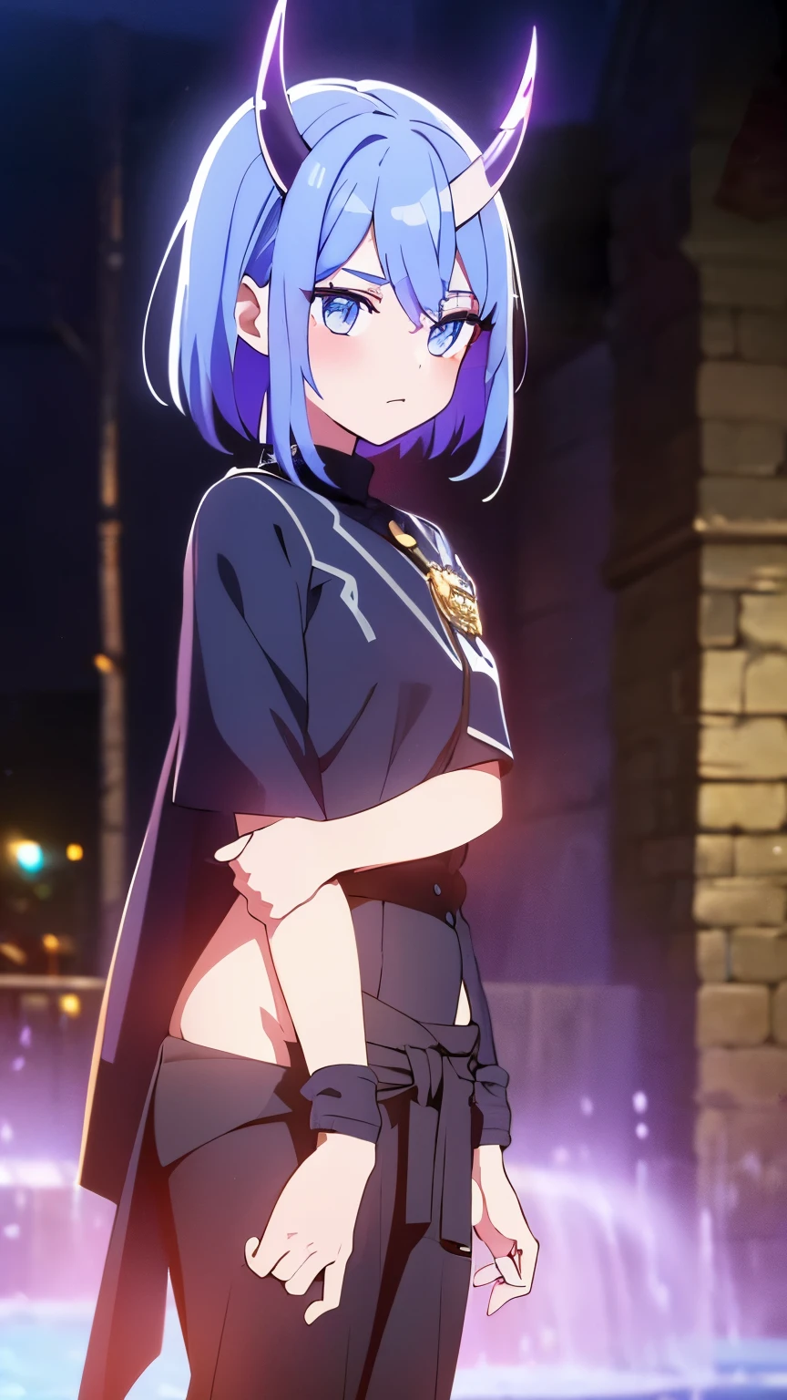 1 girl ,(big Stigmata), non binary, androgynous,  School courtyard, (floating hair), ((in courtyard fountain)), character focus, ((black light)),((dark lighting)), cinematic lighting ,(darkness), (concept art), ((innocent face)), blue short straight hair, light blue hair color, dragonoid girl, short, short blue hairy, glowing bluish-purple horns, bluey-purple eye color, (glowing eyes), high resolution,(incredibly absurdres) ,extremely detailed CG unity 8k wallpaper, ((masterpiece)), ((top-quality)), (beautiful illustration), ((an extremely delicate and beautiful)), (masterpiece, Best quality, ultra high resolution), 1 girl, pale skin, Black Crown, purple eyes, Luminous_eyes, neon blue eyes, ultra detailed eyes, Beautiful and detailed face, detailed eyes, (Centered, torso), (wide shot:0.9), facing the viewer, Eye level, flat chested, flat chest, cup size AAA, Wearing black cargo shorts, sharp horns, blue horns on top of head, 