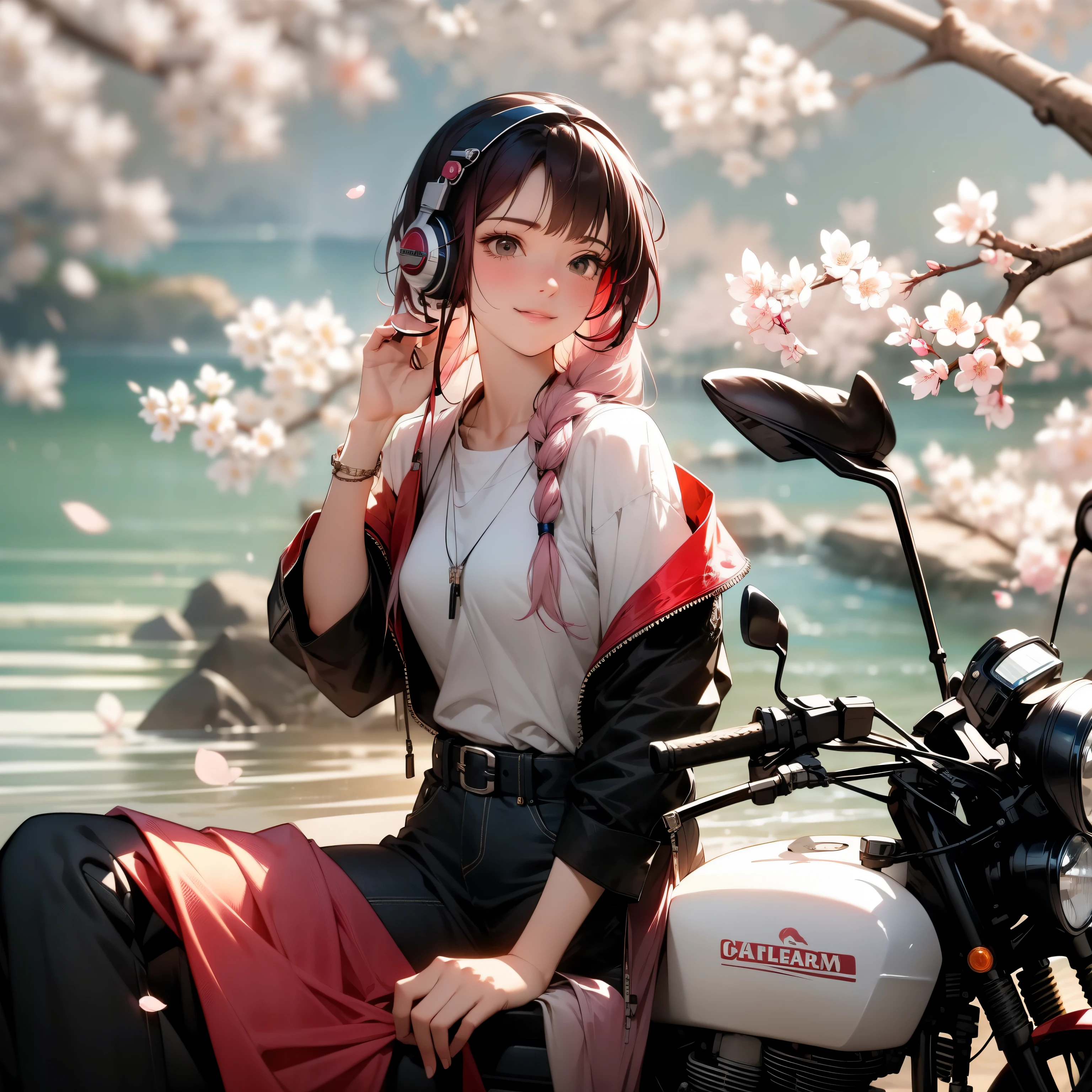 Generates an image of a scene in which an attractive female rider with long flowing pink hair parks her cafe racer style motorcycle on a hill。. She is seated, Sakura and the flowers surrounding her々enjoy the beautiful scenery of, Against the backdrop of the clear blue sea. because she is relaxed、The atmosphere is calm, Put on your headphones and enjoy the music.