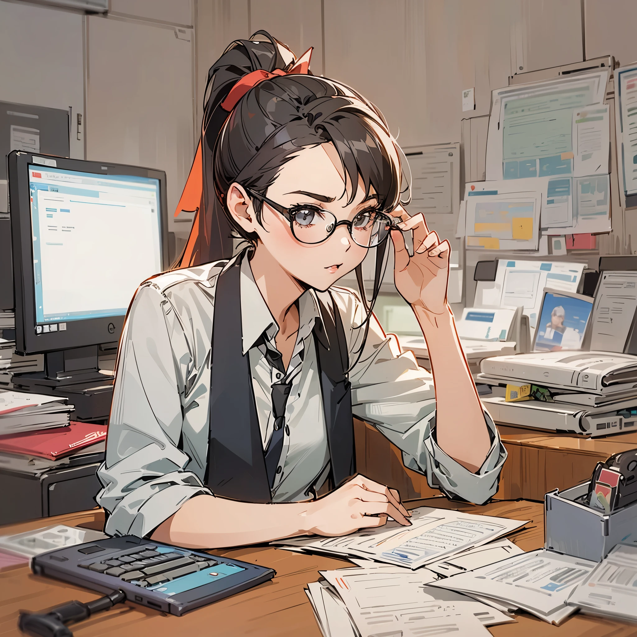 A young woman,with ponytail,red headband,black hair,wear glasses,Workplace attire,Wearing professional formal attire,hip-covering skirt,Sitting at the desk and using the computer,There is a document written on one side,A pile of reports on the desk。Medium shot composition,Anime illustration style,Marker sketch style,Sketch portraits of people,high-definition,4k。