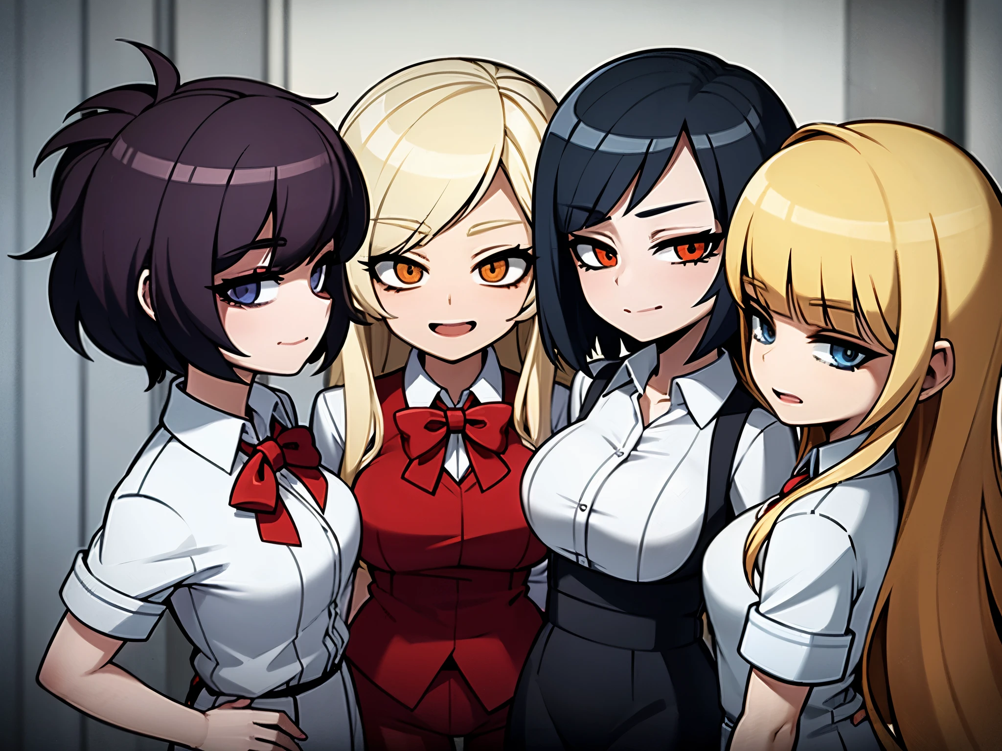 three sexy women looking at camera, ecstatic opened mouths, office outfits, portrait