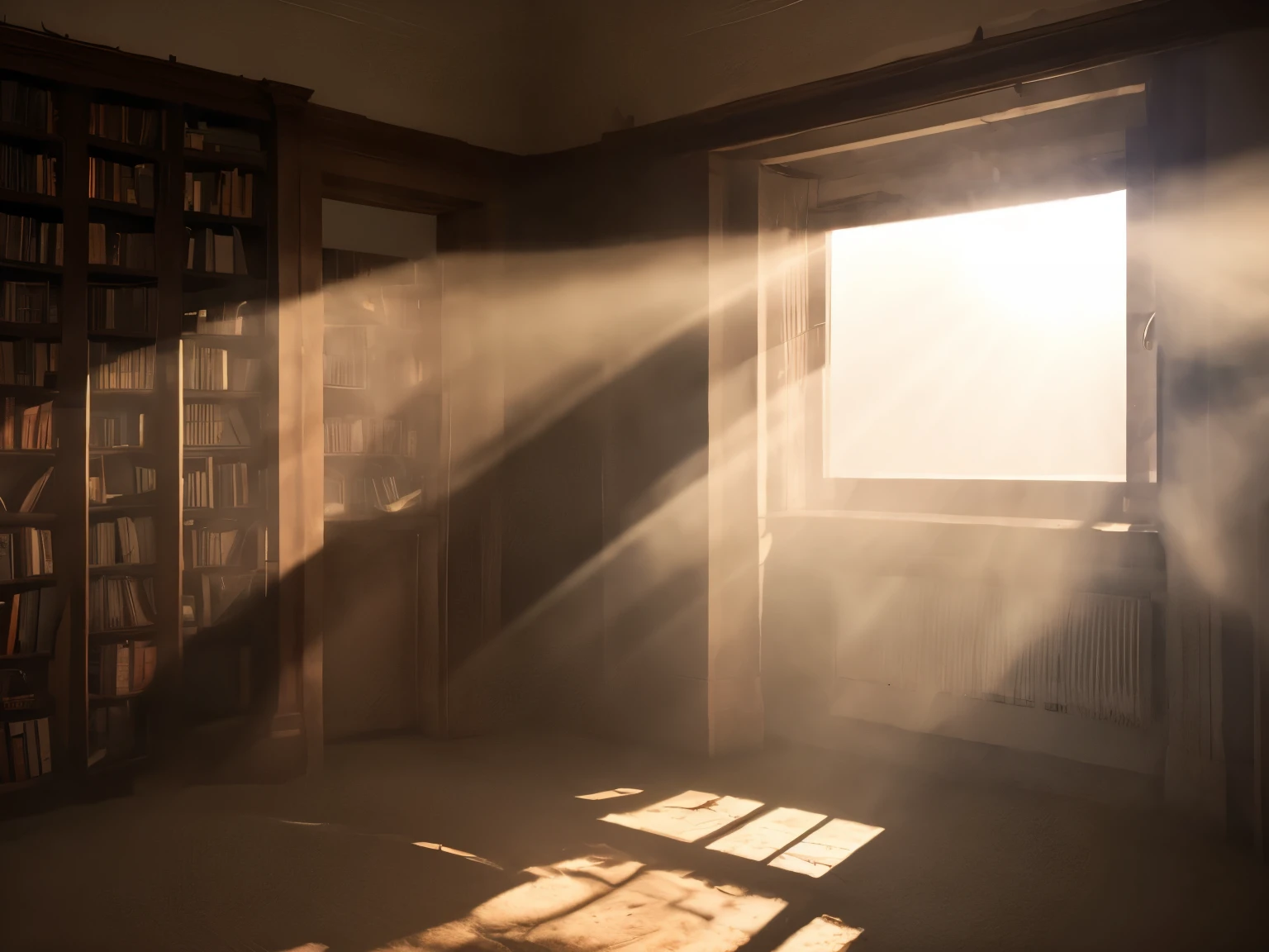 (Tyndall effect), old library, bookshelves, dusty, dust in the air, dark and poorly lit, the only light comes in through a small window creating a tyndall effect, which through the floating dust in the air is strongly visible. dark shadows between bookshelves, poor lighting, realistic photo, film grain, 8k, RAW photo, light ray, tyndall effect