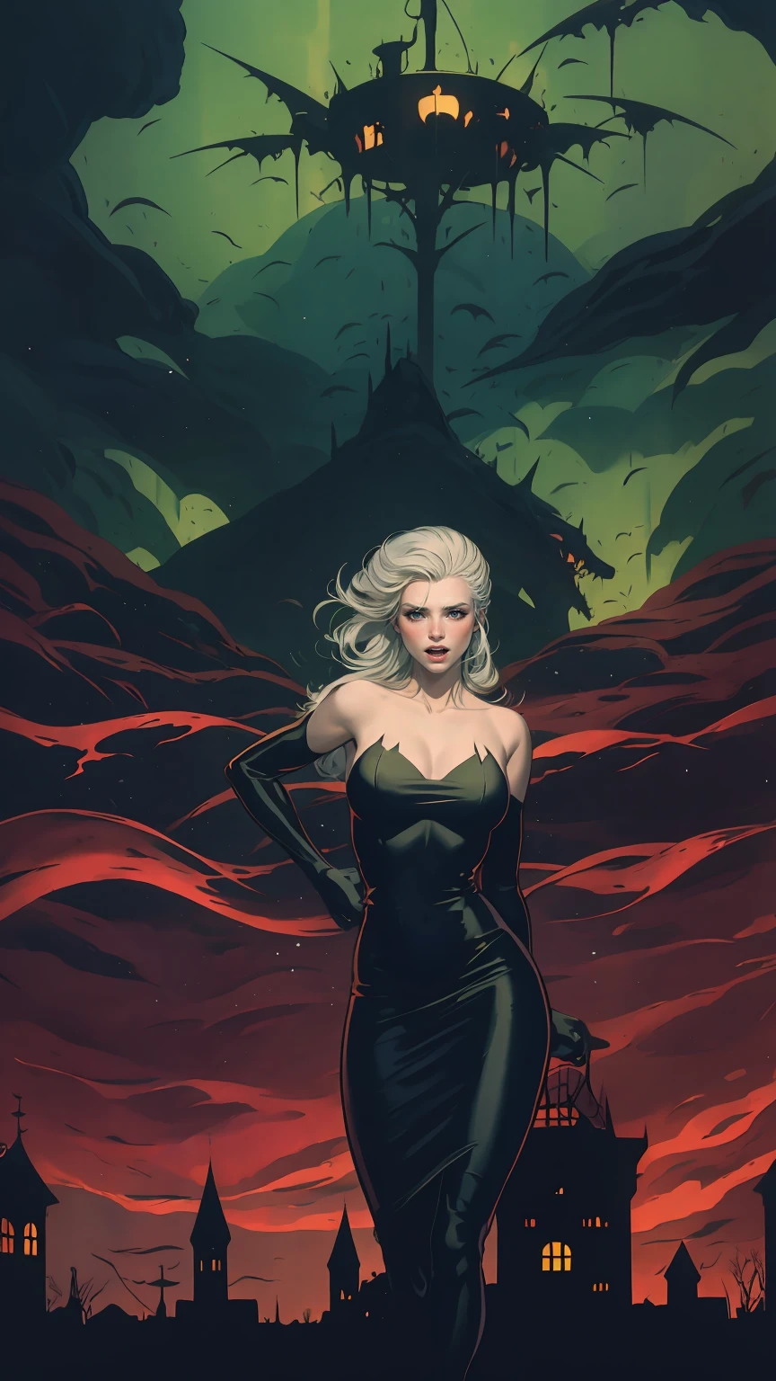 Portrait chest, girl wearing a dark dress in a gloomy cemetery, spooky atmosphere, full moon, bats flying around, Jack Skellington, Halloween town, glowing pumpkin lanterns, skeletal trees, haunted house, eerie shadows, Tim Burton style, black and white with pops of vibrant colors, eerie green light. (best quality,highres),dark and creepy landscape, gothic aesthetic, surreal and whimsical, haunted holiday