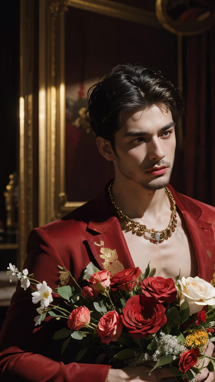 (best quality,highres),young guy in a red velvet jacket,shirtless,holding a massive bouquet of flowers,chain around his neck,vibrant colors,surreal lighting,velvet texture,romantic atmosphere,impressive details,striking composition,red and golden hues,studio lighting,emotional expression,dreamlike ambiance,portrait style,meticulous attention to facial features,elaborate hand-painted flowers,rich and exquisite visual experience,meticulously rendered chains,immaculate skin,sharp focus