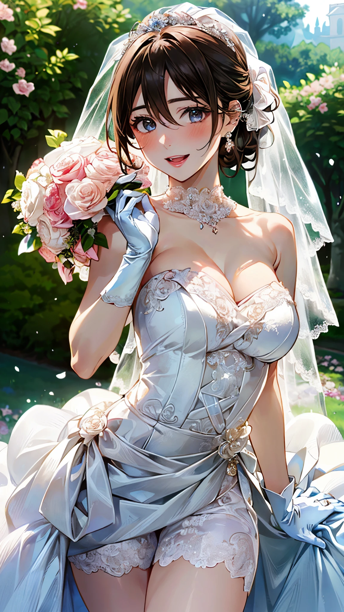 (masterpiece:1.2, top-quality, ultra high res, ultra detailed), (realistic, photorealistic:1.4), beautiful illustration, (natural side lighting, movie lighting), depth of fields,
looking at viewer, bust photo, 1 girl, 19 years old, perfect face, (perfect anatomy), cute and symmetrical face, baby face, shiny skin,
(middle hair:1.5, chignon style:1.5, light brown hair), hair between eyes, blue eyes, pink lips, long eye lasher, (large breasts:1.3),
beautiful hair, beautiful face, beautiful detailed eyes, beautiful clavicle, beautiful body, beautiful chest, beautiful thigh, beautiful legs, beautiful fingers,
detailed cloth texture, wedding mini dress, head flower, headdress, (bandeau wedding dress:1.5), (silk dress:1.2), (strapless wedding dress:1.5),
plain white dress, necklace, earring, cleavage, bouquet, (lace gloves:1.2), (bridal veil:1.2),(short transparent veil:1.2),
(beautiful scenery), evening, (flower garden, cherry blossom, outside church) walking, (happy smile, blush, open mouth small),