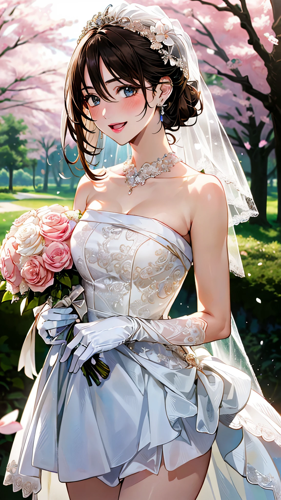 (masterpiece:1.2, top-quality, ultra high res, ultra detailed), (realistic, photorealistic:1.4), beautiful illustration, (natural side lighting, movie lighting), depth of fields,
looking at viewer, bust photo, 1 girl, 19 years old, perfect face, (perfect anatomy), cute and symmetrical face, baby face, shiny skin,
(middle hair:1.5, chignon style:1.5, light brown hair), hair between eyes, blue eyes, pink lips, long eye lasher, (large breasts:1.3),
beautiful hair, beautiful face, beautiful detailed eyes, beautiful clavicle, beautiful body, beautiful chest, beautiful thigh, beautiful legs, beautiful fingers,
detailed cloth texture, wedding mini dress, head flower, headdress, (bandeau wedding dress:1.5), (silk dress:1.2), (strapless wedding dress:1.5),
plain white dress, necklace, earring, cleavage, bouquet, (lace gloves:1.2), (bridal veil:1.2),(short transparent veil:1.2),
(beautiful scenery), evening, (flower garden, cherry blossom, outside church) walking, (happy smile, blush, open mouth small),