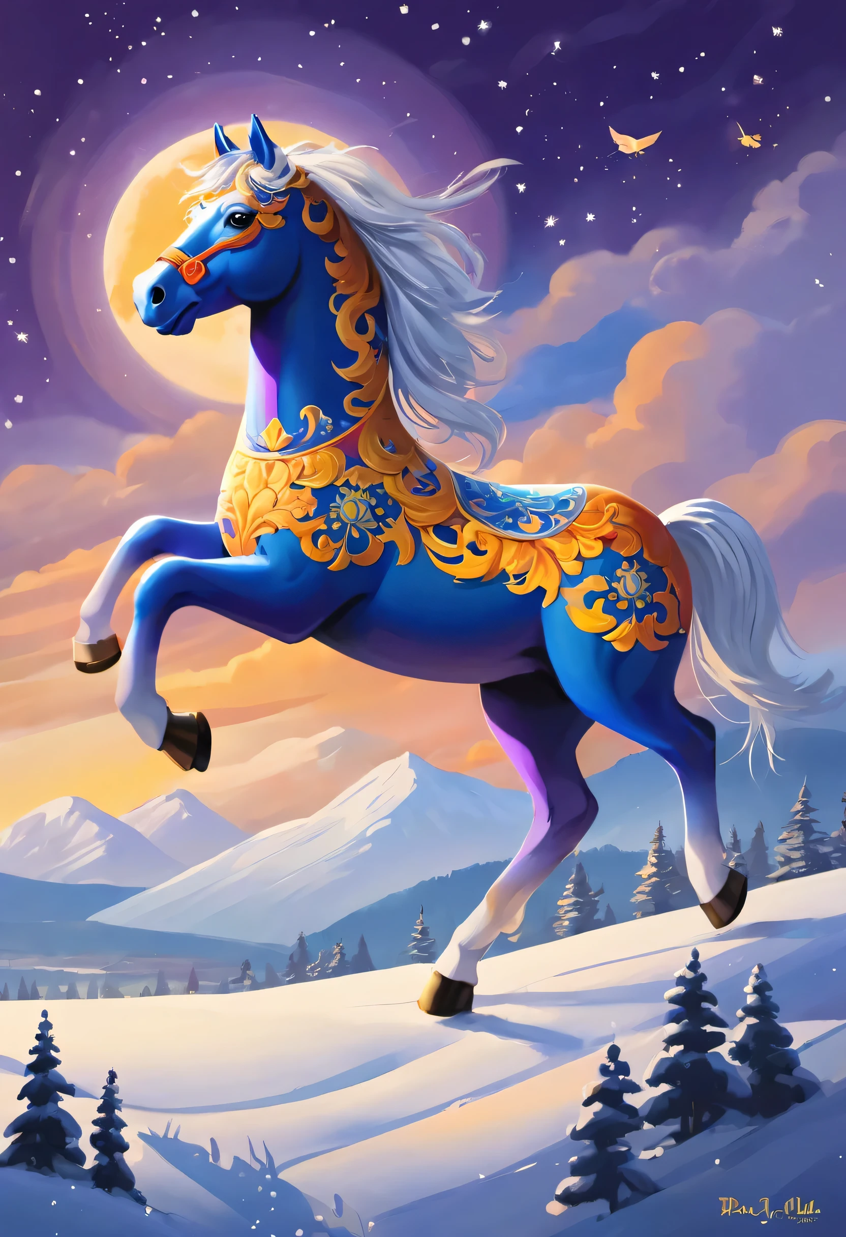 The red horse is running.., Luxuriously on the snowy mountain, 17th century art style, painting, elegance, light reflected in the sky, Night atmosphere,(full moon:1.2),(meteorite:0.9),(Star Cloud:1.3),distant mountains, Tree BREAK creates art...,(warm light source:1.2),(glow worm:1.2),lamp lights,Lots of purple and orange...,detailsที่ซับซ้อน,lightตามปริมาตร,Realism BREAK(Masterpiece:1.2),(best quality),8k,มีdetailsมาก,(dynamic elements:1.4),ซึ่งมีdetailsมาก,detailsที่มีสีสัน,(rainbow colors:1.2),(light,atmosphere light),dream magical,magical,(single:1.2),((best quality)), ((Masterpiece)), (details:1.4),Maximum depth of field and clarity,perfect proportions,fluttering clouds,wallpapers