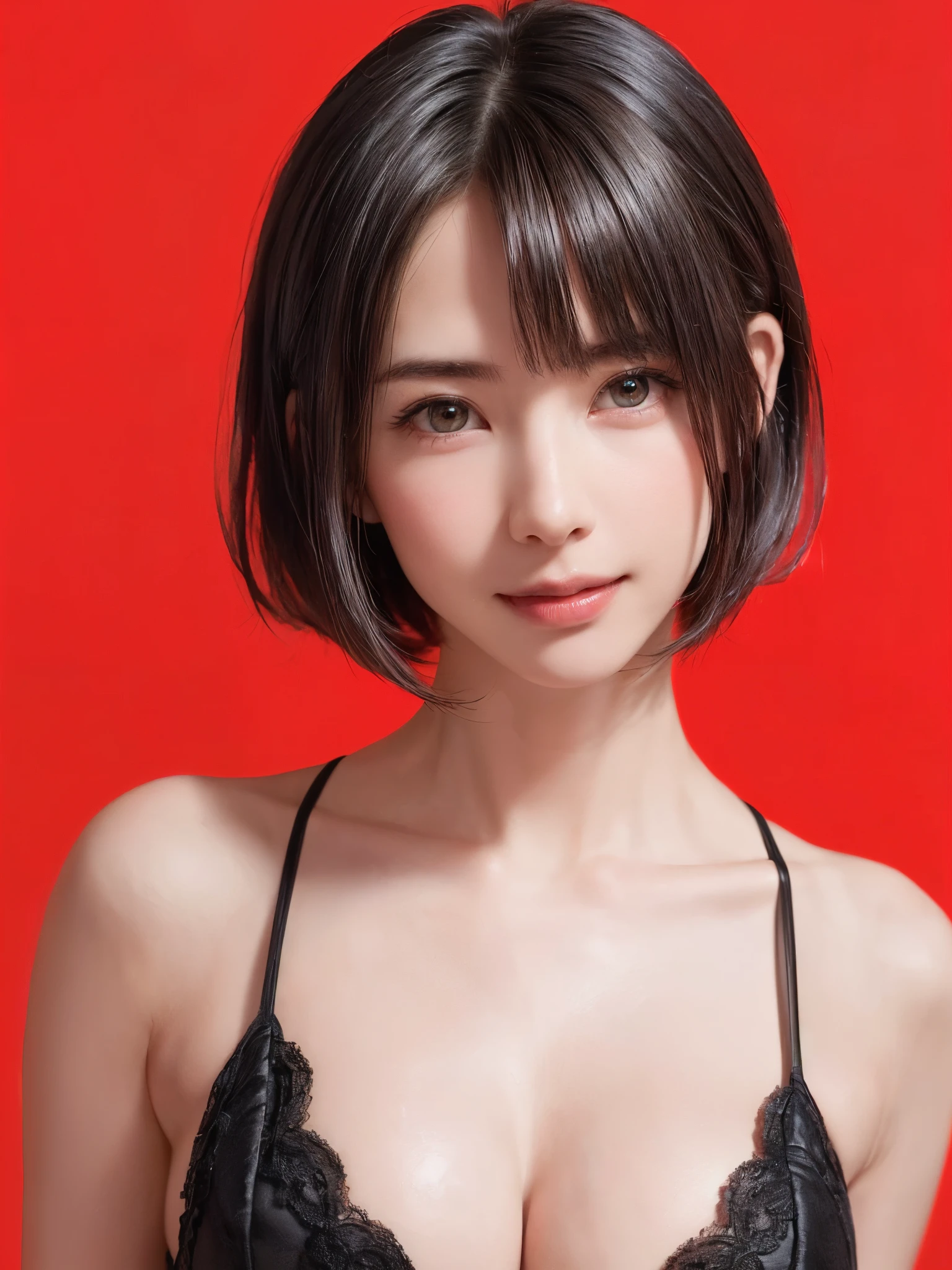 (table top, highest quality、ultra high resolution、face focus focus、focus on the sides、navel focus、decolletage focus、very attractive beauty、Adds intense highlights to the eyes、look closely at the camera:1.4、Absolutely beautiful bangs:1.4、Brunette short bob hair with bangs:1.4),1 girl, Report, black haired, realistic, looking at the viewer, pale black eyes, short hair, lips, lip gloss, Upper body、Big eyes、eyelash)、((italian natural background、hyper real stick:1.4))、((short hair with bangs:1.4、Beautiful bangs with 46 points:1.4、{Huge|big|Hugeな|mega} chest:2, cleavage:2、Big eyes、Give your students very powerful highlights、very bigger chest、look at the audience、very beautiful beauty、show me your ears、beautiful long neck、beautiful decollete、smile、A smilee　beautiful teeth、Open your mouth and smilee))、28 years old、very cute super model、perfect anatomy