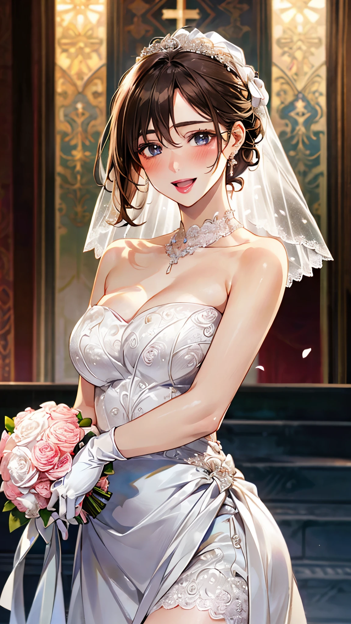 (masterpiece:1.2, top-quality, ultra high res, ultra detailed), (realistic, photorealistic:1.4), beautiful illustration, (natural side lighting, movie lighting), depth of fields,
looking at viewer, bust photo, 1 girl, 19 years old, perfect face, (perfect anatomy), cute and symmetrical face, baby face, shiny skin,
(middle hair:1.5, chignon style:1.5, light brown hair), hair between eyes, blue eyes, pink lips, long eye lasher, (large breasts:1.3),
beautiful hair, beautiful face, beautiful detailed eyes, beautiful clavicle, beautiful body, beautiful chest, beautiful thigh, beautiful legs, beautiful fingers,
detailed cloth texture, wedding mini dress, head flower, headdress, (bandeau wedding dress:1.5), (silk dress:1.2), (strapless wedding dress:1.5),
plain white dress, necklace, earring, cleavage, bouquet, (lace gloves:1.2), (bridal veil:1.2),(short transparent veil:1.2),
(beautiful scenery), evening, (flower garden, cherry blossom, outside church) walking, (happy smile, blush, open mouth small),