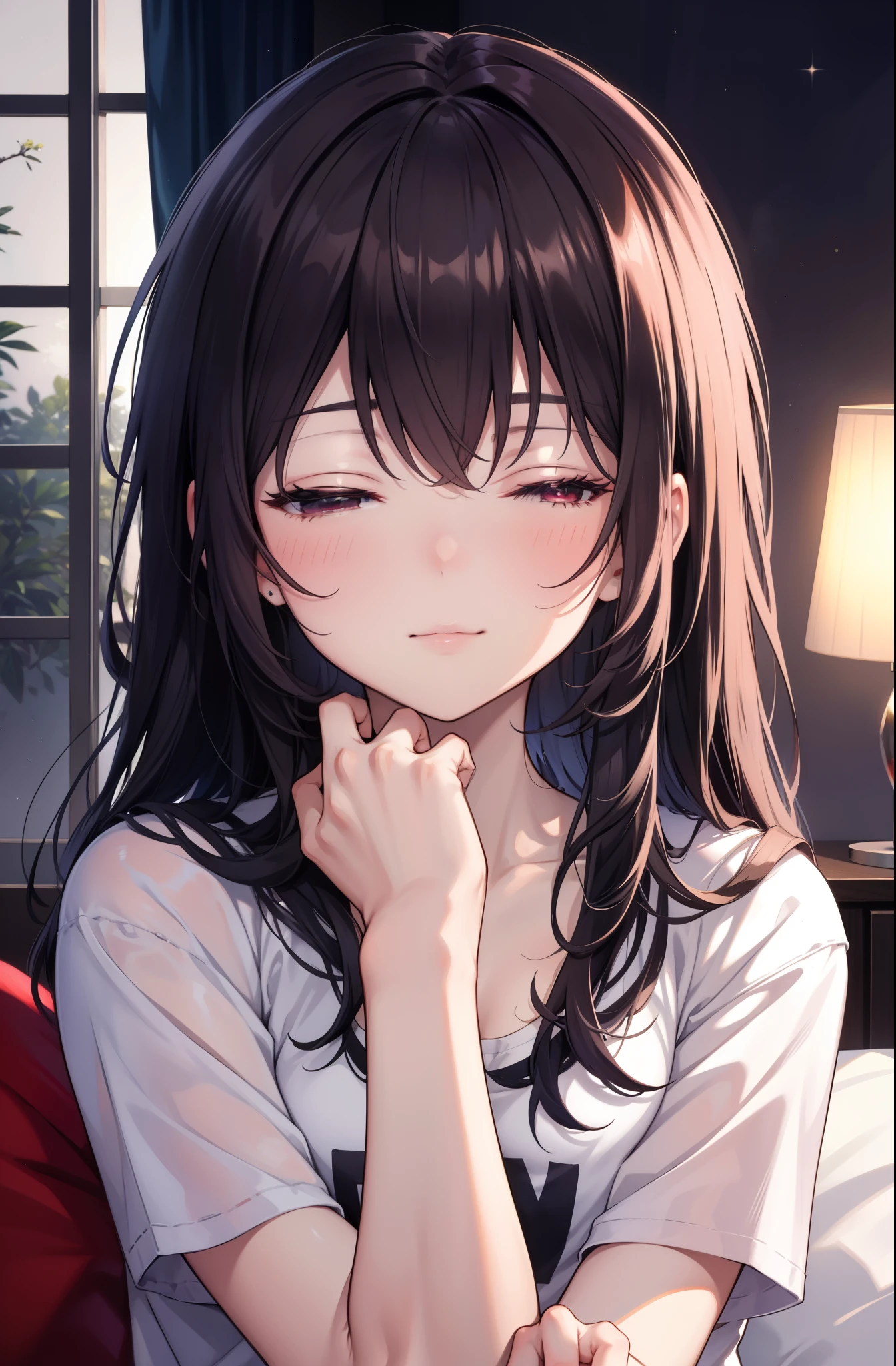 for profit, utaha kasumigaoka, black hair,  long hair, smile,windows，romantic starry sky，sleeping with both eyes closed,A meteor crosses,T-shirt,black string underwear,sleeping in bed,night,moonlight,sleep with your head on the pillow,Sleeping lying on your back in bed,dark room, barefoot　　　　　　　　　　　　　　　　　　
break indoors,Bedroom,
break (masterpiece:1.2), highest quality, High resolution, unity 8k wallpaper, (figure:0.8), highly detailed face, perfect lighting, Very detailed CG, (perfect hands, perfect anatomy),