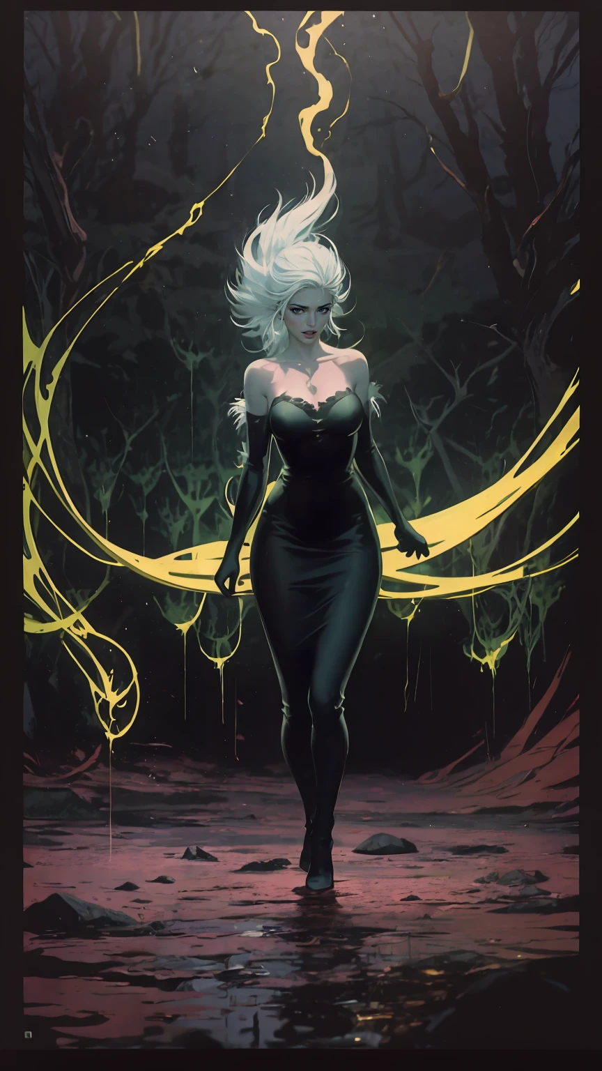 Portrait chest, girl wearing a dark dress in a gloomy cemetery, spooky atmosphere, full moon, bats flying around, Jack Skellington, Halloween town, glowing pumpkin lanterns, skeletal trees, haunted house, eerie shadows, Tim Burton style, black and white with pops of vibrant colors, eerie green light. (best quality,highres),dark and creepy landscape, gothic aesthetic, surreal and whimsical, haunted holiday