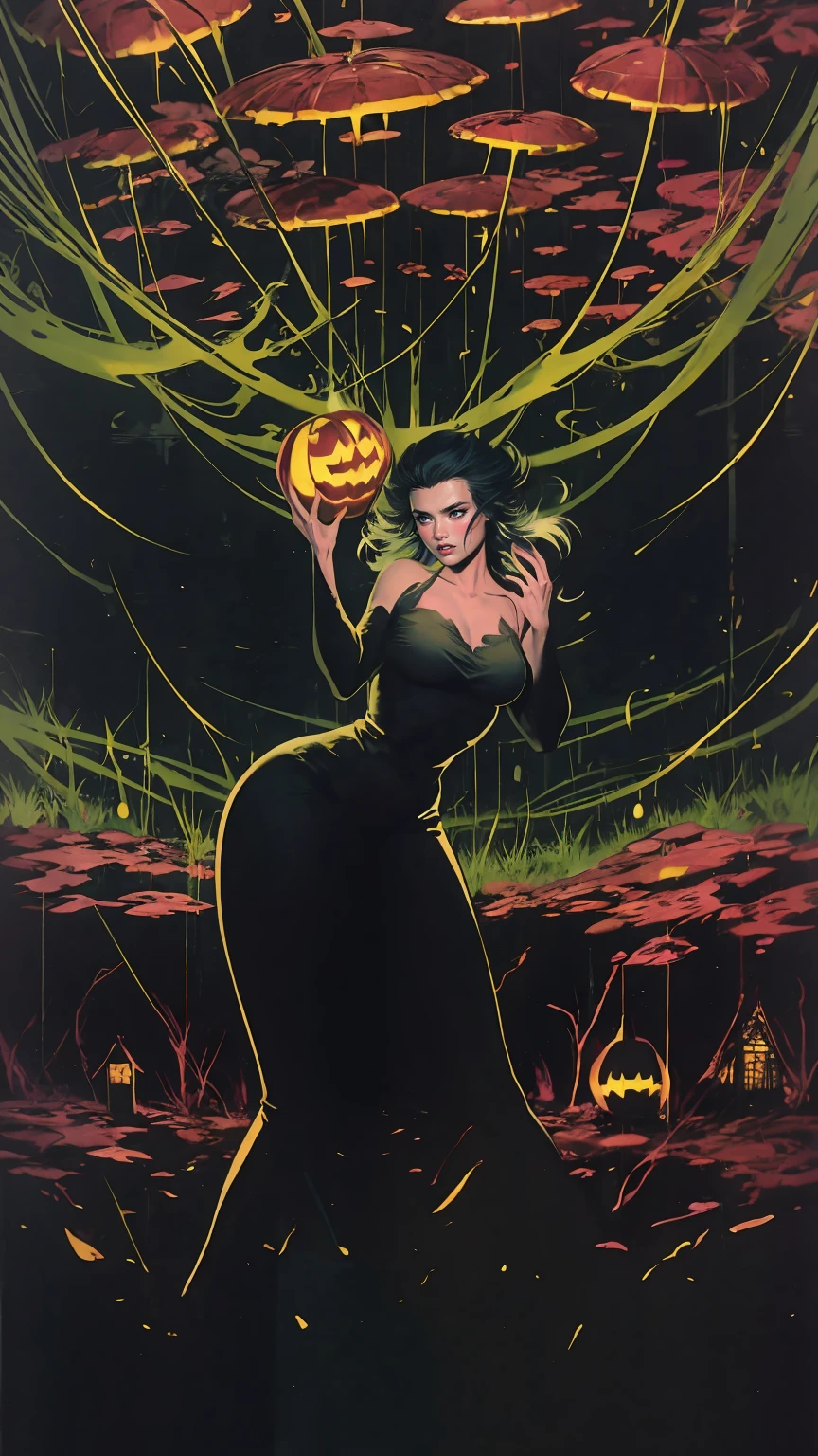 Portrait chest, girl wearing a dark dress in a gloomy cemetery, spooky atmosphere, full moon, bats flying around, Jack Skellington, Halloween town, glowing pumpkin lanterns, skeletal trees, haunted house, eerie shadows, Tim Burton style, black and white with pops of vibrant colors, eerie green light. (best quality,highres),dark and creepy landscape, gothic aesthetic, surreal and whimsical, haunted holiday