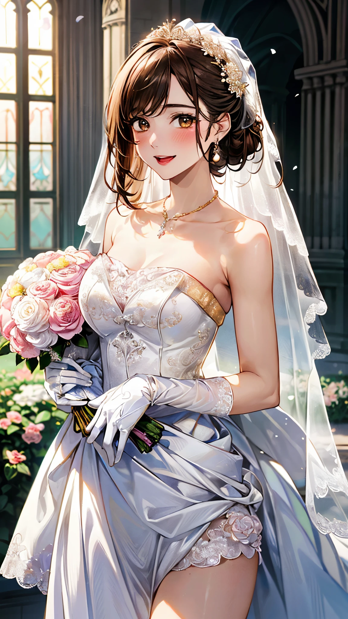 (masterpiece:1.2, top-quality, ultra high res, ultra detailed), (realistic, photorealistic:1.4), beautiful illustration, (natural side lighting, movie lighting), depth of fields,
looking at viewer, bust photo, 1 girl, 19 years old, perfect face, (perfect anatomy), cute and symmetrical face, , shiny skin,
(middle hair:1.5, chignon style:1.5, light brown hair), asymmetrical bangs, gold eyes, pink lips, long eye lasher, (large breasts:1.3),
beautiful hair, beautiful face, beautiful detailed eyes, beautiful clavicle, beautiful body, beautiful chest, beautiful thigh, beautiful legs, beautiful fingers,
detailed cloth texture, wedding mini dress, head flower, headdress, (bandeau wedding dress:1.5), (silk dress:1.2), (strapless wedding dress:1.5),
plain white dress, necklace, earring, cleavage, bouquet, (lace gloves:1.2), (bridal veil:1.2),(short transparent veil:1.2),
(beautiful scenery), evening, (flower garden, cherry blossom, outside church) walking, (happy smile, blush, open mouth small),