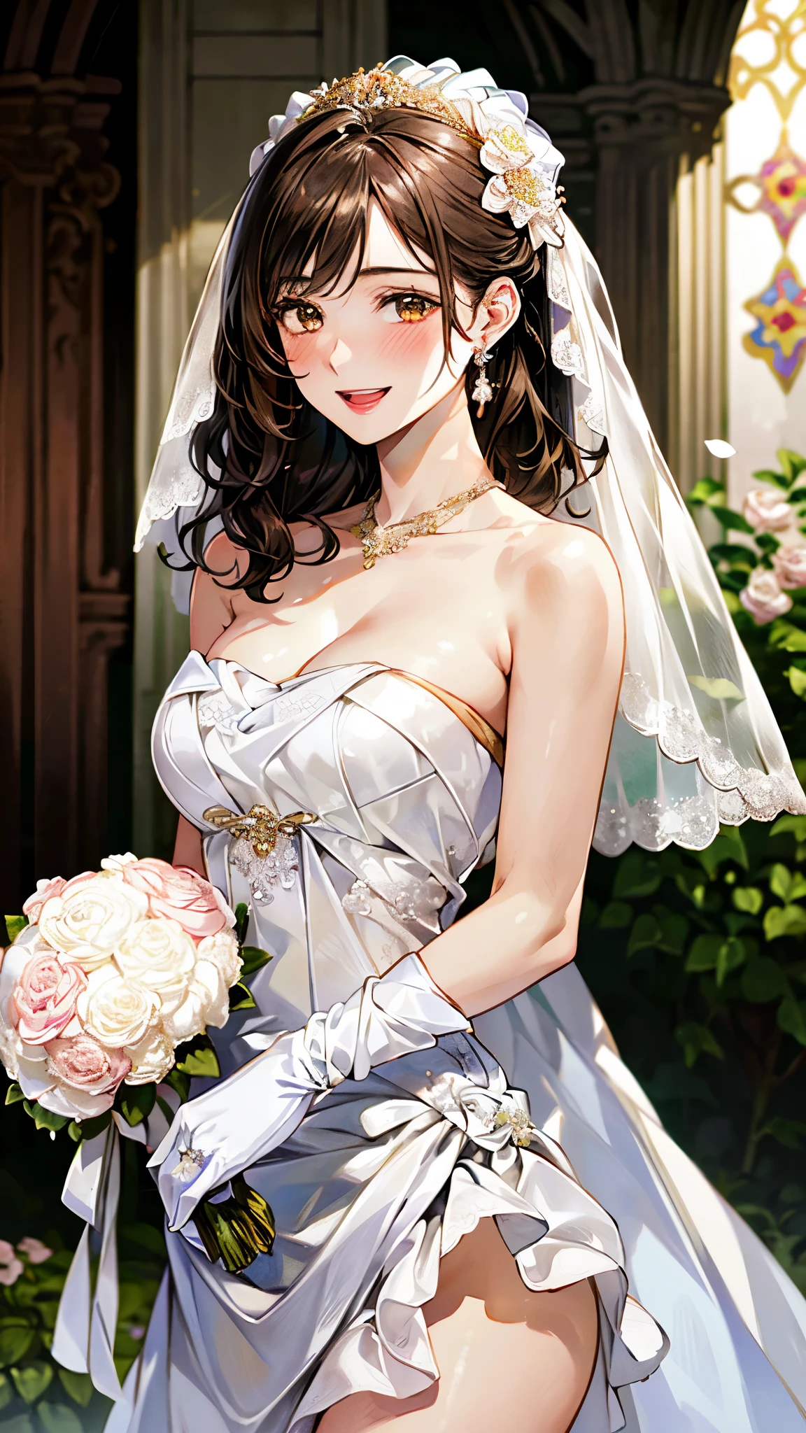 (masterpiece:1.2, top-quality, ultra high res, ultra detailed), (realistic, photorealistic:1.4), beautiful illustration, (natural side lighting, movie lighting), depth of fields,
looking at viewer, bust photo, 1 girl, 19 years old, perfect face, (perfect anatomy), cute and symmetrical face, baby face, shiny skin,
(middle hair:1.5, chignon style:1.5, light brown hair), asymmetrical bangs, gold eyes, pink lips, long eye lasher, (large breasts:1.3),
beautiful hair, beautiful face, beautiful detailed eyes, beautiful clavicle, beautiful body, beautiful chest, beautiful thigh, beautiful legs, beautiful fingers,
detailed cloth texture, wedding mini dress, head flower, headdress, (bandeau wedding dress:1.5), (silk dress:1.2), (strapless wedding dress:1.5),
plain white dress, necklace, earring, cleavage, bouquet, (lace gloves:1.2), (bridal veil:1.2),(short transparent veil:1.2),
(beautiful scenery), evening, (flower garden, cherry blossom, outside church) walking, (happy smile, blush, open mouth small),