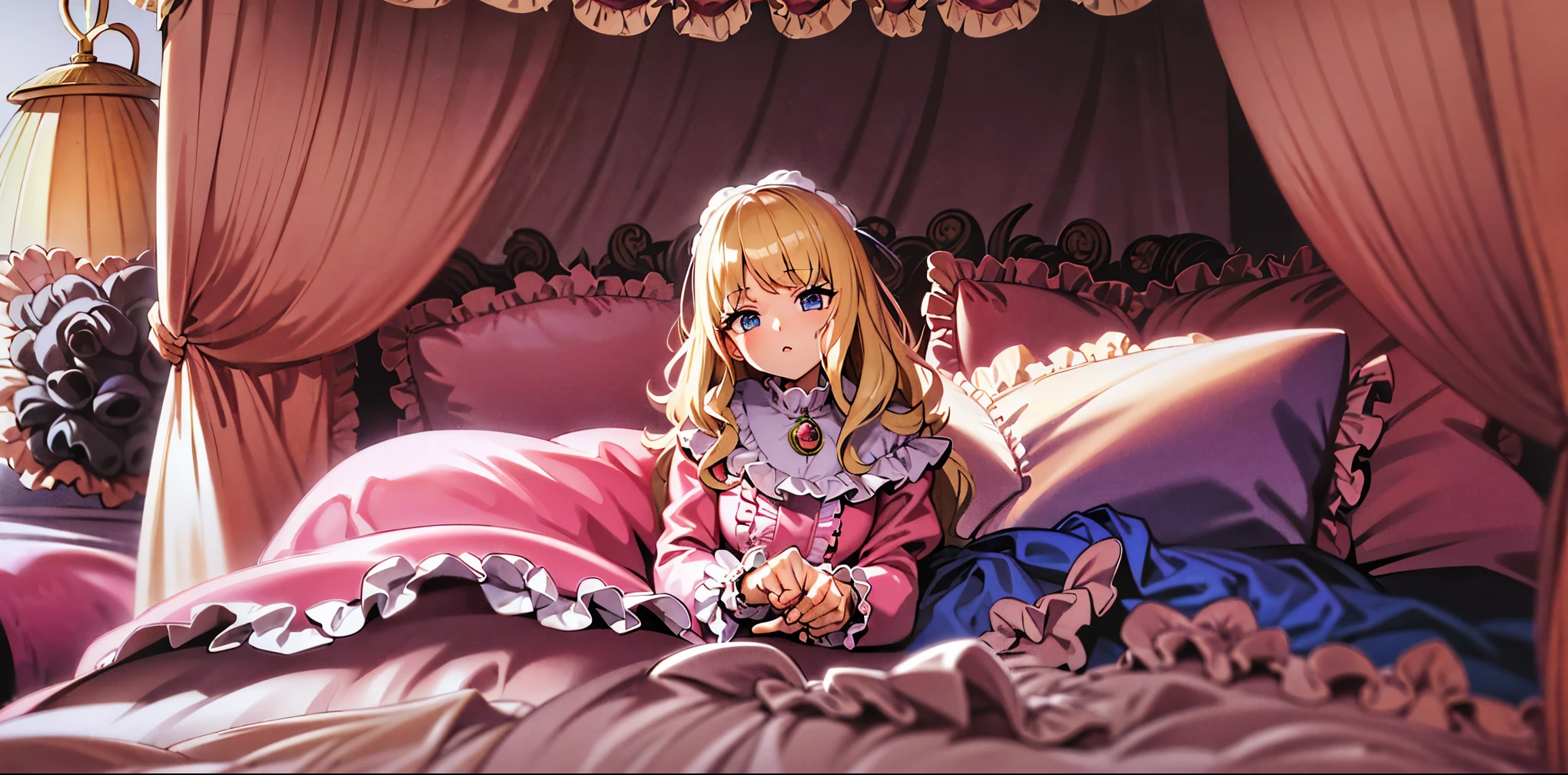 ,highest quality, masterpiece, highest resolution, artwork, super それにget used to it, many get used to it, get used to it, それにget used to it, 3K anime illustration,(( 10 year old girl)),Super detailed baby face,high quality small face,long blonde hair that grows to the waist,blue eyes,白い肌のeuropean,pajamas, european,(((super long blonde hair))),curly hair,blue eyes,((((ピンクのロリータファッションのlong skirtのワンピースドレス)))),((Pink nightgown with lots of frills and ribbons)),((Luxurious headdress with frills and ribbons)),detailed headdress,,(((big yoke collar))),Yoke collar with ruffles and ribbons,((((long sleeve)))),ruffle sleeves,((((long skirt)))),white ruffle and lace socks,large frill and ribbon pillow,(((Nice pink outfit))),豪華なcanopy bedの上,canopy bed,The bed is surrounded by luxurious curtains,many frilly pillows on the bed,There are many frilly pillows behind the girl.,super detailed background,detailed bed,soft pink comforter,Highly detailed soft ruffle pillow,Beautiful girl illustration,detailed beautiful face,fine hair,detailed eye ,detailed eyes,detailed mouth, arm details,fine hands,Detailed pillow,wide bed,Illustration on the bed, ,((((round futon)))),((((A large ruffled futon that covers the entire bed)))),detailed comforter,detailed bedシーツ,Before bedtime,romantic atmosphere,palace bedroom,((((The lower half of the body is hidden under the futon and the puffy skirt....)))) The girl is leaning on a pile of pillows, ,((((round futon)))),((((A large ruffled futon that covers the entire bed)))),