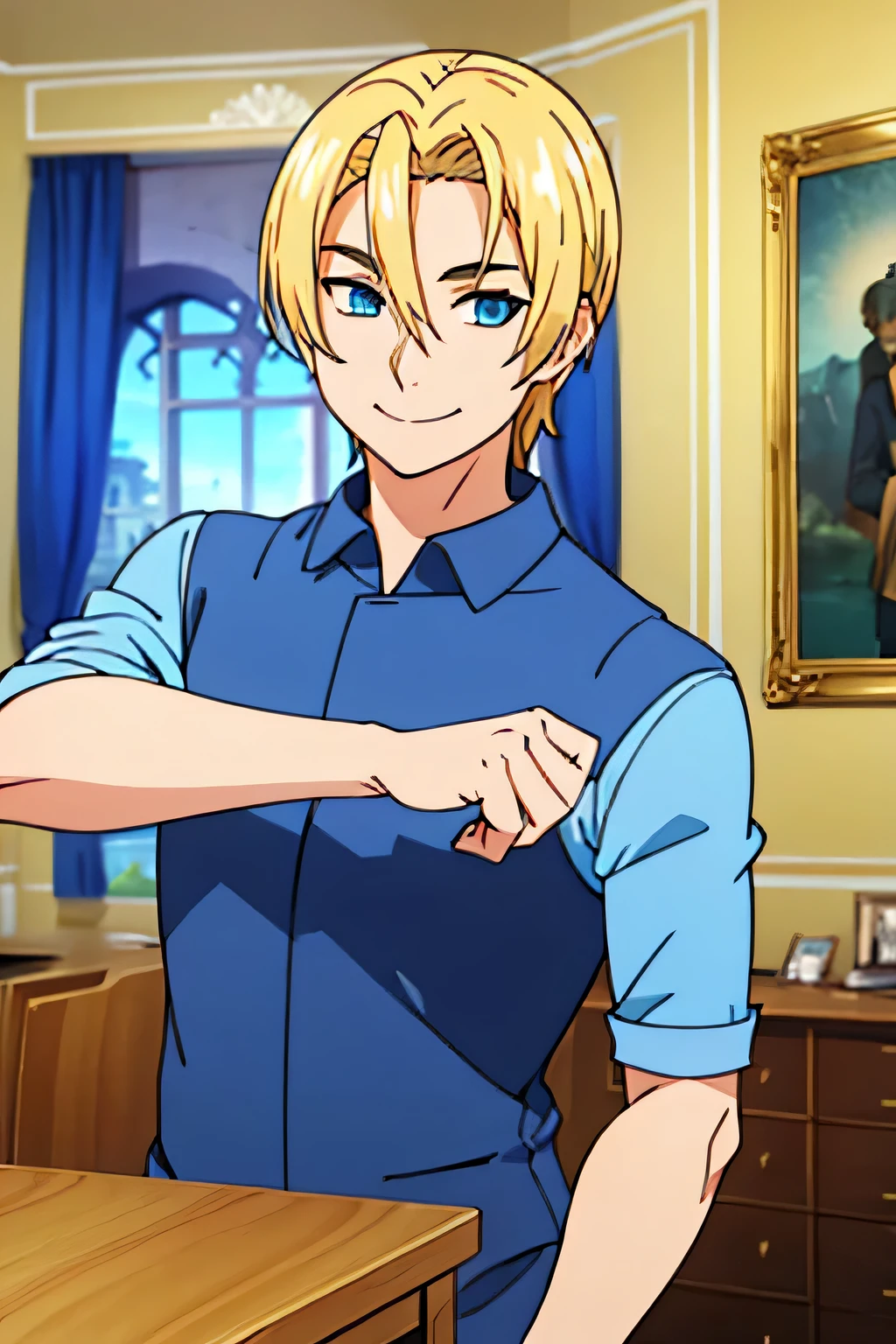 guy, blonde hair, blue shirt, castle room, sorrindo