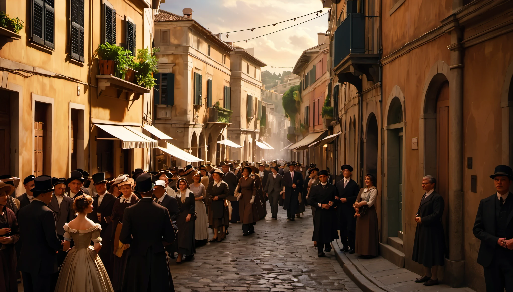 Old Neapolitan street with people, Social realism, chiaroscuro, high quality