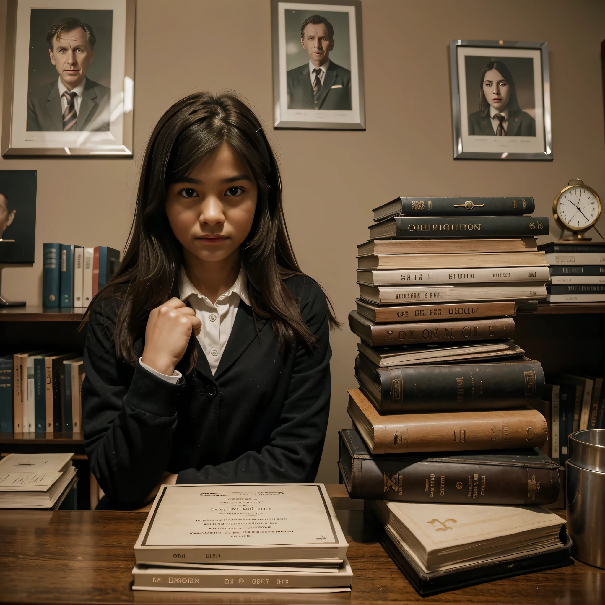 The girl wears a school uniform., A sad expression on her face, Pressured by her family. Reading a book on the table on the table, There were piles of books scattered everywhere.. in the bedroom, There's a picture of the doctor on it.'Career in picture frames. behind them, There is a trophy display cabinet., certificate, and award plaque. drink at night, dark tone images
