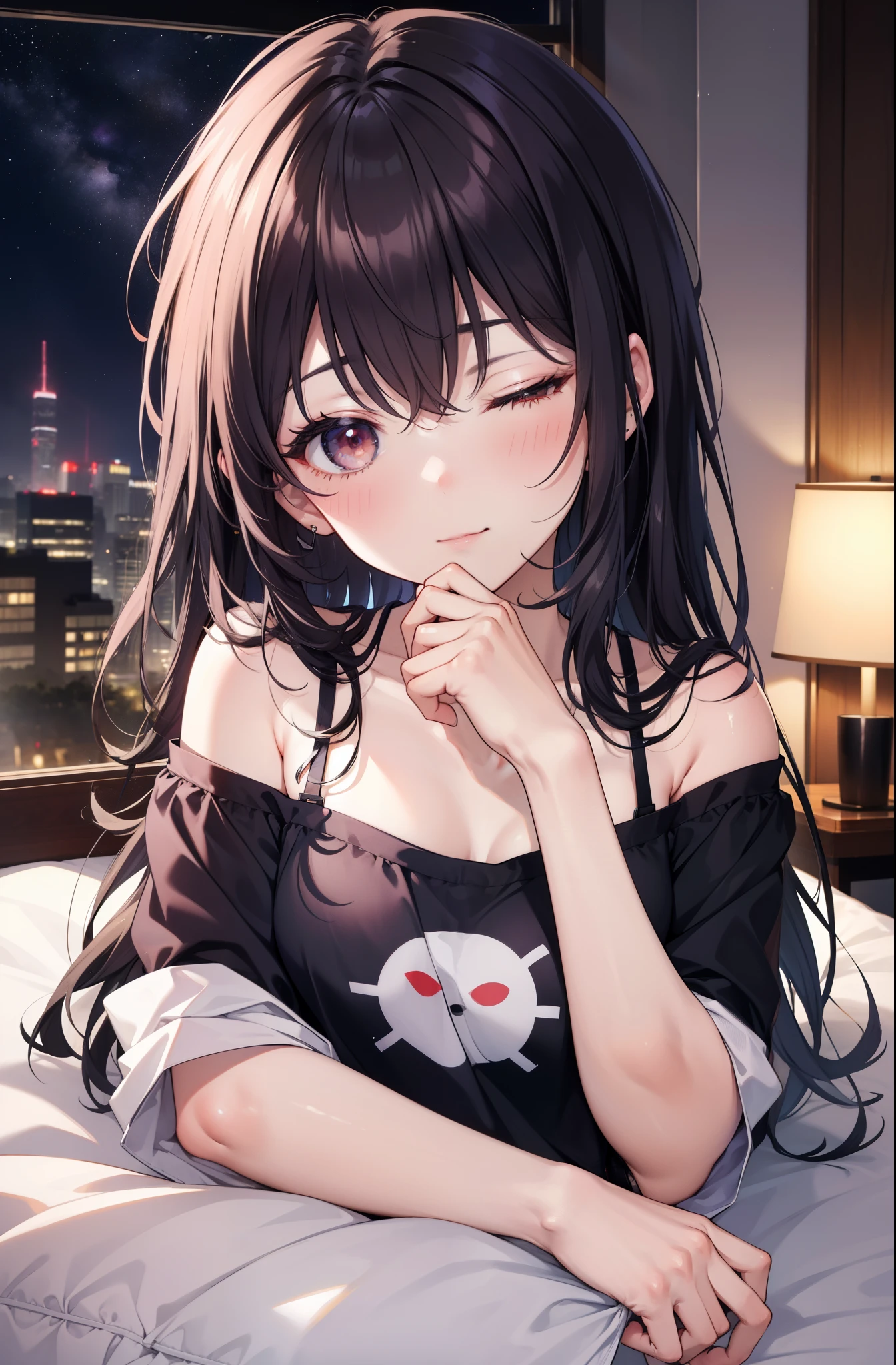 for profit, utaha kasumigaoka, black hair,  long hair, smile,windows，romantic starry sky，sleeping with both eyes closed,A meteor crosses,T-shirt,black string underwear,sleeping in bed,night,moonlight,sleep with your head on the pillow,Sleeping lying on your back in bed,dark room, barefoot　　　　　　　　　　　　　　　　　　
break indoors,Bedroom,
break (masterpiece:1.2), highest quality, High resolution, unity 8k wallpaper, (figure:0.8), highly detailed face, perfect lighting, Very detailed CG, (perfect hands, perfect anatomy),