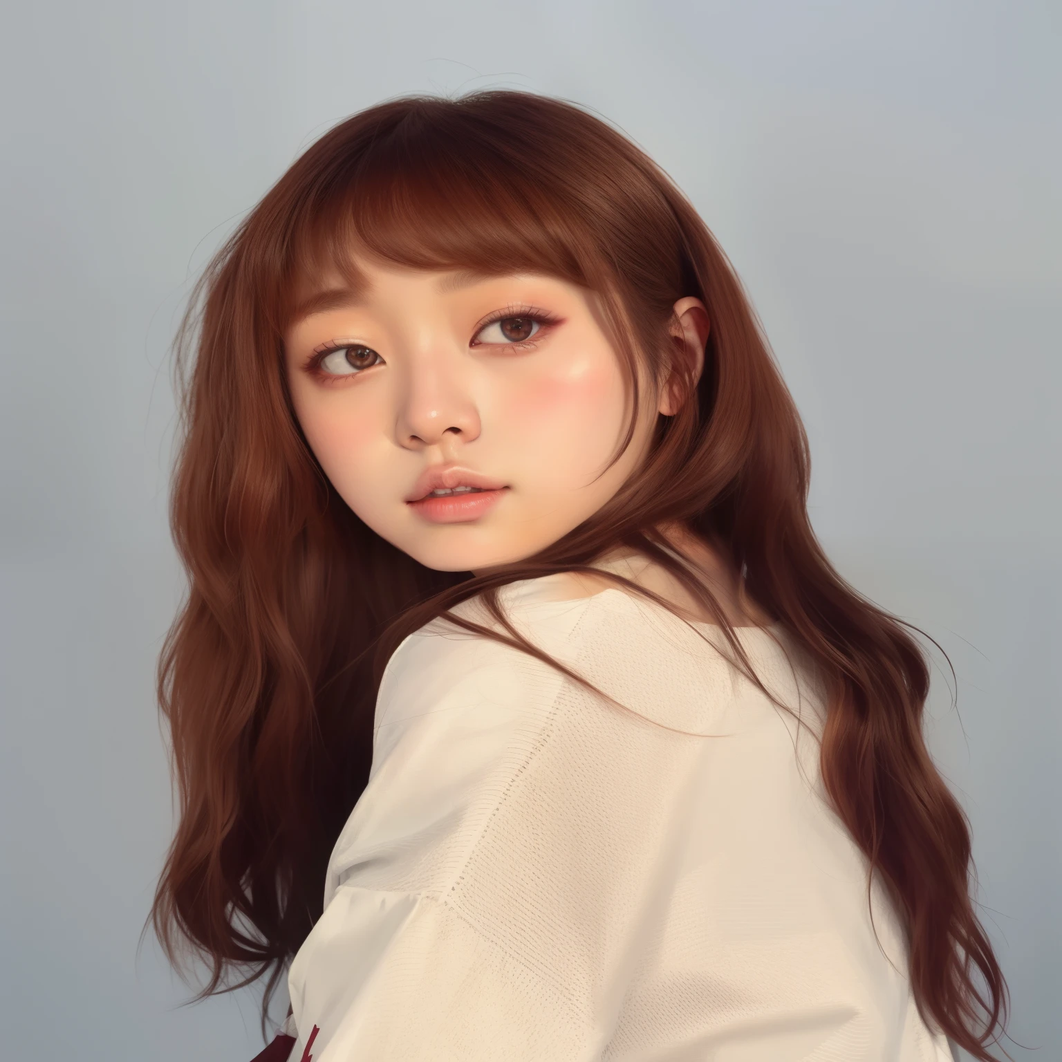 arafed woman with long brown hair and a white shirt, portrait of female korean idol, portrait of jossi of blackpink, portrait of kpop idol, lalisa manobal, lalisa manoban of blackpink, kawaii realistic portrait, painted in anime painter studio, inspired by Yanjun Cheng, made with anime painter studio, realistic studio portrait