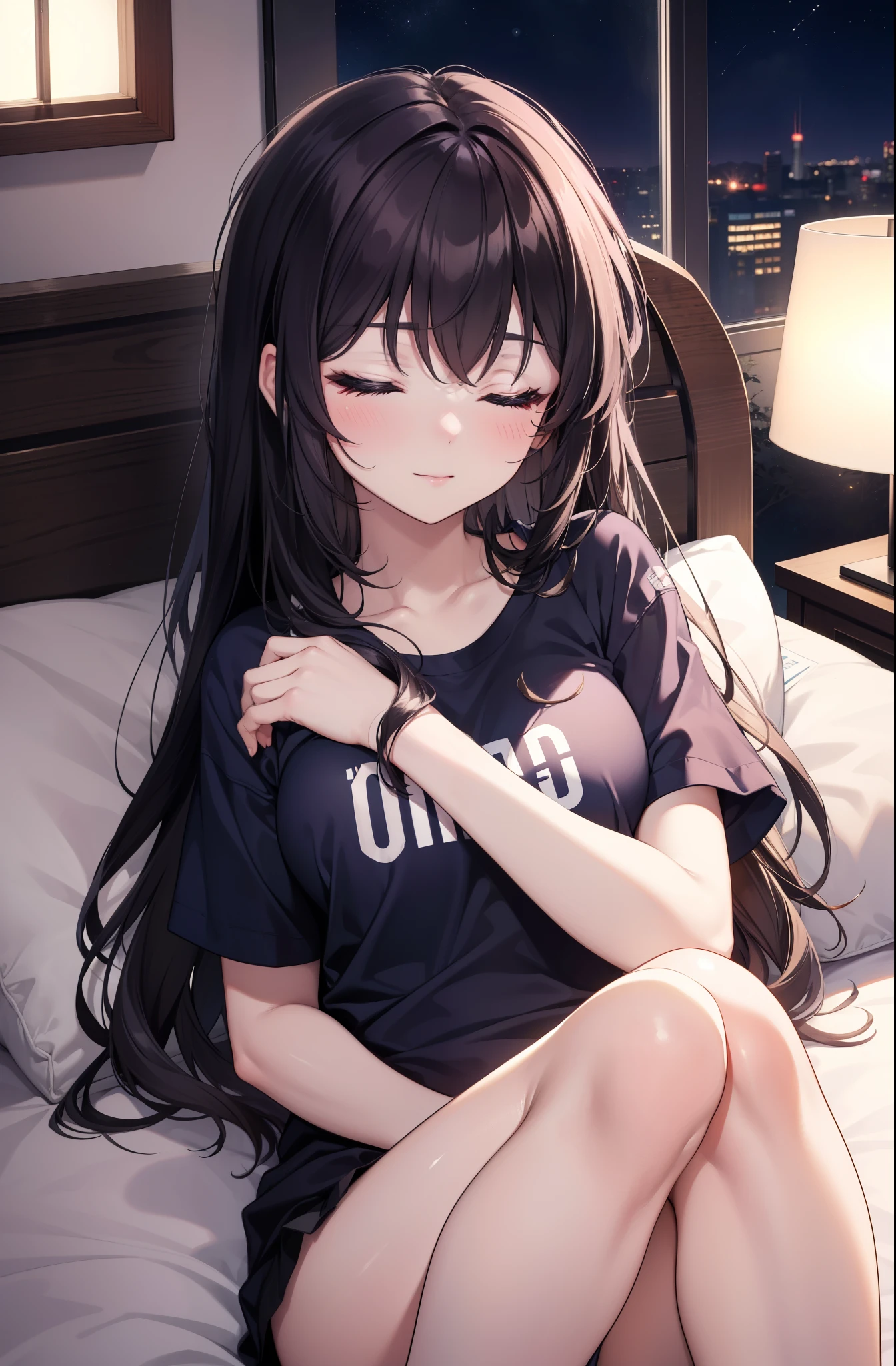 for profit, utaha kasumigaoka, black hair,  long hair, smile,windows，romantic starry sky，sleeping with both eyes closed,A meteor crosses,T-shirt,black string underwear,sleeping in bed,night,moonlight,sleep with your head on the pillow,Sleeping lying on your back in bed,dark room, barefoot　　　　　　　　　　　　　　　　　　
break indoors,Bedroom,
break (masterpiece:1.2), highest quality, High resolution, unity 8k wallpaper, (figure:0.8), highly detailed face, perfect lighting, Very detailed CG, (perfect hands, perfect anatomy),