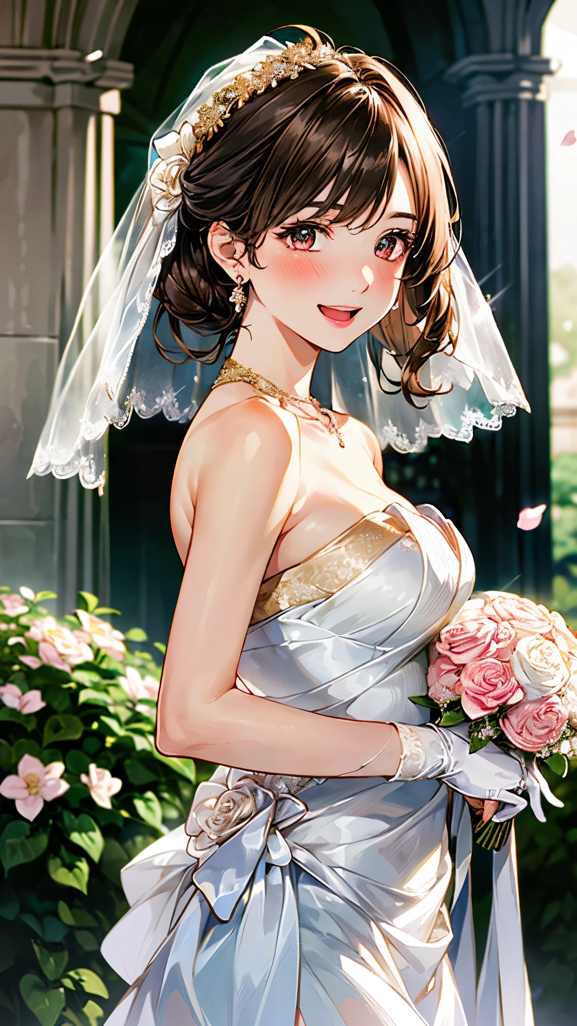 (masterpiece:1.2, top-quality, ultra high res, ultra detailed), (realistic, photorealistic:1.4), beautiful illustration, (natural side lighting, movie lighting), depth of fields,
looking at viewer, bust photo, 1 girl, 16 years old, perfect face, (perfect ), cute and symmetrical face, baby face, shiny skin, 
(short hair:1.5, half updo:1.5, brown hair), hair between eyes, blue eyes, pink lips, long eye lasher, (large breasts:1.3), 
beautiful hair, beautiful face, beautiful detailed eyes, beautiful clavicle, beautiful body, beautiful chest, beautiful thigh, beautiful legs, beautiful fingers, 
detailed cloth texture, wedding princess dress, head flower, headdress, (bandeau wedding dress:1.5), (silk dress:1.2), (strapless wedding dress:1.5), 
plain white dress, necklace, earring, cleavage, bouquet, (lace gloves:1.2), (bridal veil:1.2),(short transparent veil:1.2), 
(beautiful scenery), evening, (flower garden, cherry blossom, outside church) standing, (happy smile, blush), 