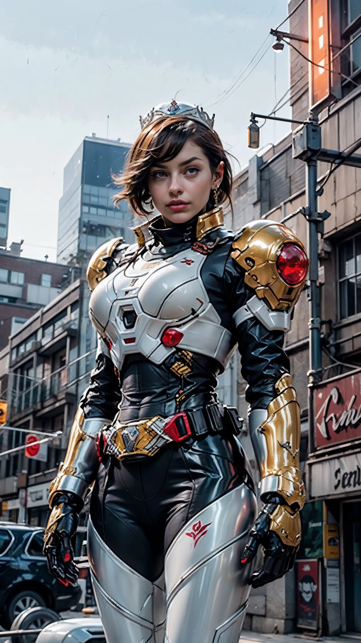 A woman adorned in fantasy-style full-body armor, a crown-concept fully enclosed helmet that unveils only her eyes, a composite layered chest plate, fully encompassing shoulder and hand guards, a lightweight waist armor, form-fitting shin guards, the overall design is heavy-duty yet flexible, ((the armor gleams with a golden glow, complemented by red and blue accents)), exhibiting a noble aura, she floats above the Futuristic city, this character embodies a finely crafted fantasy-surreal style armored hero in anime style, exquisite and mature manga art style, (beetle concept Armor, photorealistic:1.4, real texture material:1.2), ((city night view, elegant, goddess, femminine:1.5)), metallic, high definition, best quality, highres, ultra-detailed, ultra-fine painting, extremely delicate, professional, anatomically correct, symmetrical face, extremely detailed eyes and face, high quality eyes, creativity, RAW photo, UHD, 32k, Natural light, cinematic lighting, masterpiece-anatomy-perfect, masterpiece:1.5