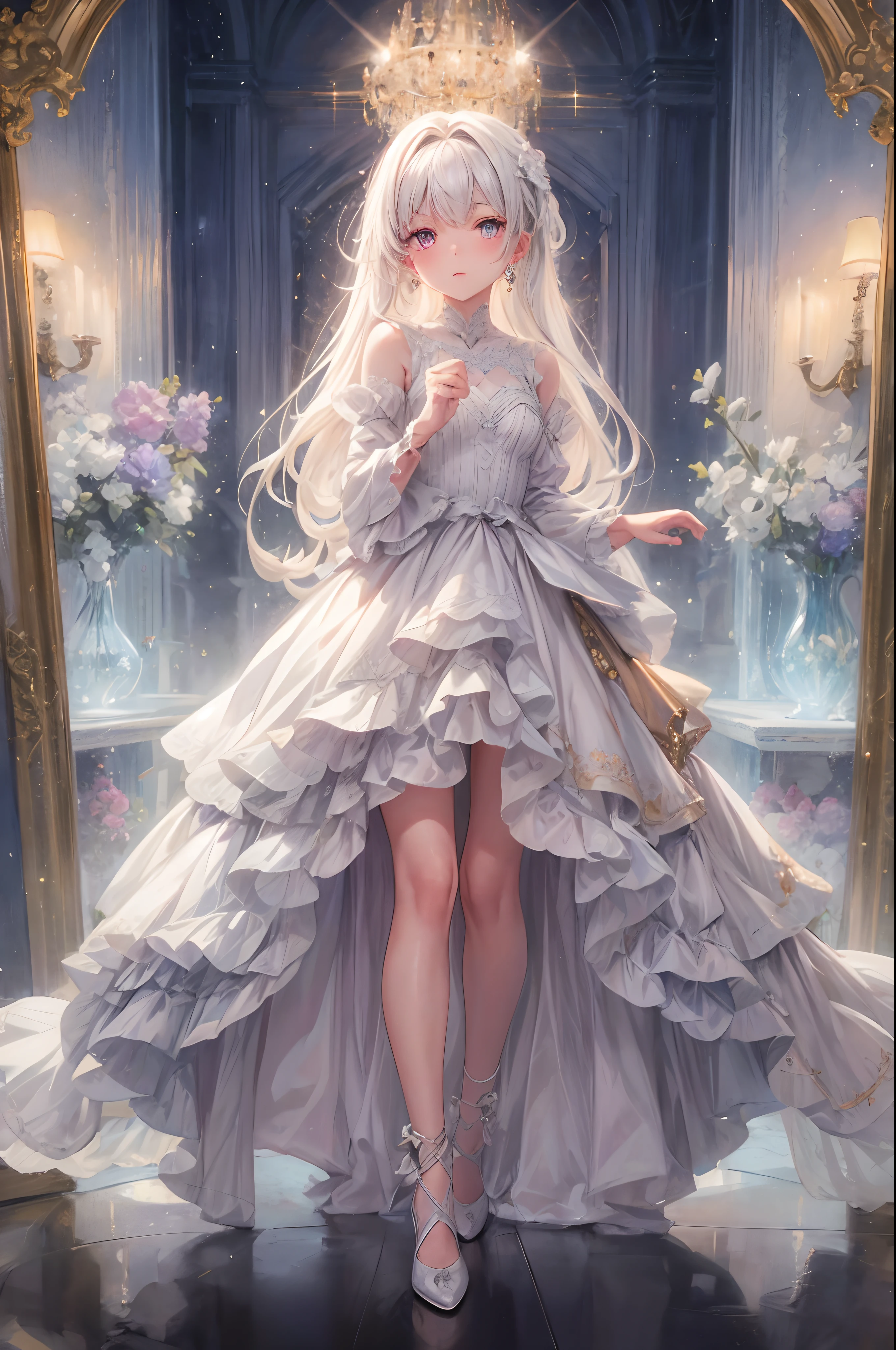 A young girl stands with her hands behind her back. She is surrounded by a completely glass environment, Visible reflection on glass surface. The glass floats, Create a surreal effect, it shines with charming light. The reflection of light illuminates her beautiful silver hair，and highlighted her stunning pink eyes. her face is flawless, Paired with a white dress embellished with delicate gold embroidery. She wears small earrings，Gaze seductively at the audience. White high heels make her feet look more elegant, while light particles and sparkling details decorate the surroundings. The artwork is designed for the highest level of detail and exceptional image quality.