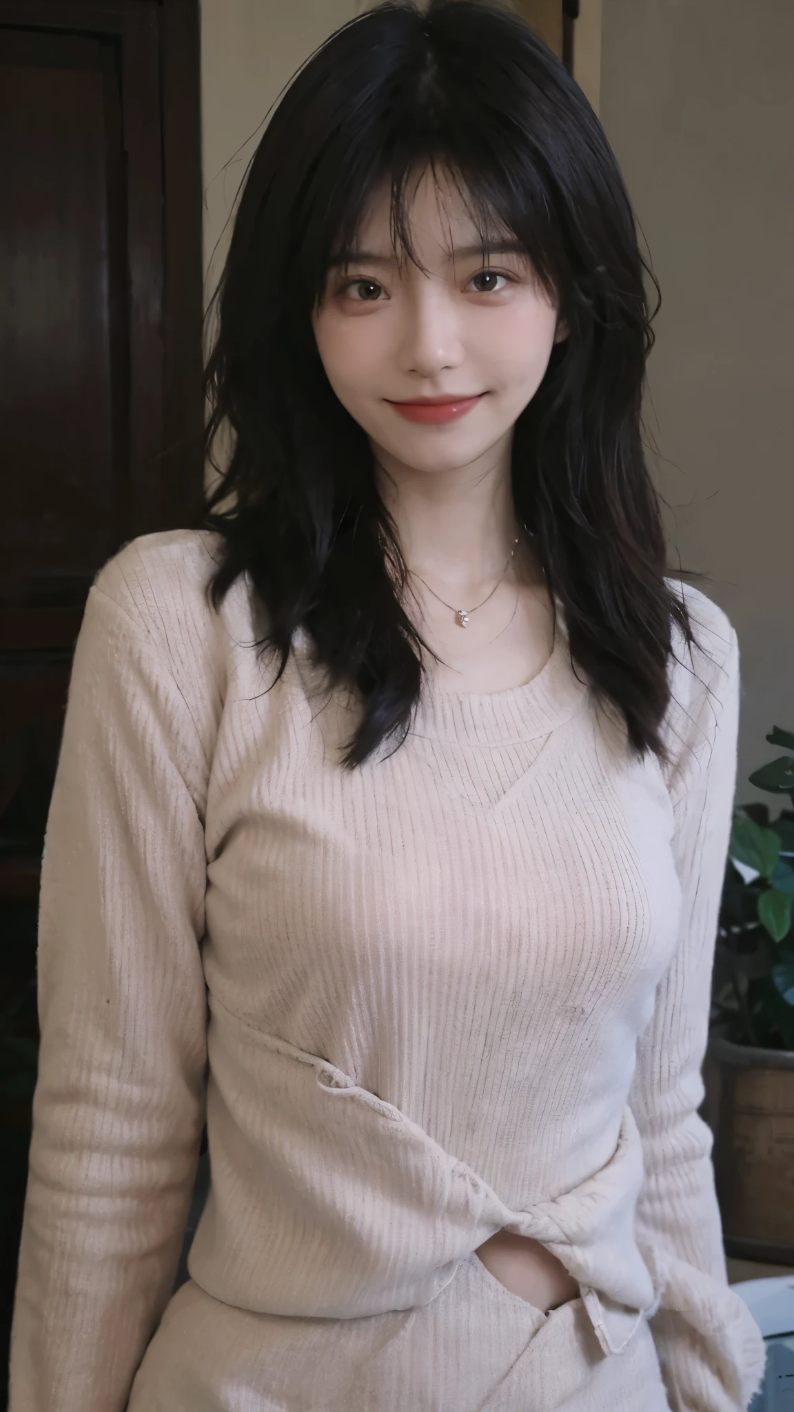 best quality, ultra high resolution, (realistically:1.4),cute hairpin,Baoyu Girl,1 girl, Beautiful woman with slim figure:1.4, abdominal muscles:1.8, a brown haired one, Medium chest:1.3, pink long sweater:1.1, Chis,Super thin face,exquisite eyes,double eyelids,Smile,necklace
