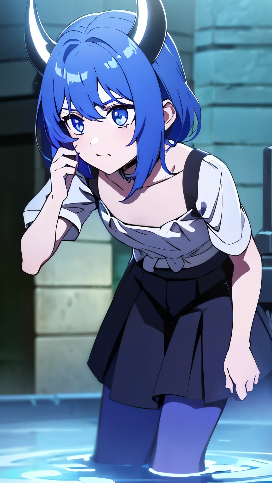 1 girl ,(big Stigmata), non binary, androgynous, School courtyard, (floating hair), ((in courtyard fountain)), character focus, ((black light)),((dark lighting)), cinematic lighting ,(darkness), (concept art), ((innocent face)), blue short straight hair, light blue hair color, dragonoid girl, short, short blue hairy, glowing bluish-purple horns, bluey-purple eye color, (glowing eyes), high resolution,(incredibly absurdres) ,extremely detailed CG unity 8k wallpaper, ((masterpiece)), ((top-quality)), (beautiful illustration), ((an extremely delicate and beautiful)), (masterpiece, Best quality, ultra high resolution), 1 girl, pale skin, Black Crown, purple eyes, Luminous_eyes, neon blue eyes, ultra detailed eyes, Beautiful and detailed face, detailed eyes, (Centered, torso), (wide shot:0.9), facing the viewer, Eye level, flat chested, flat chest, cup size AAA, Wearing black cargo shorts, sharp horns, blue horns on top of head,