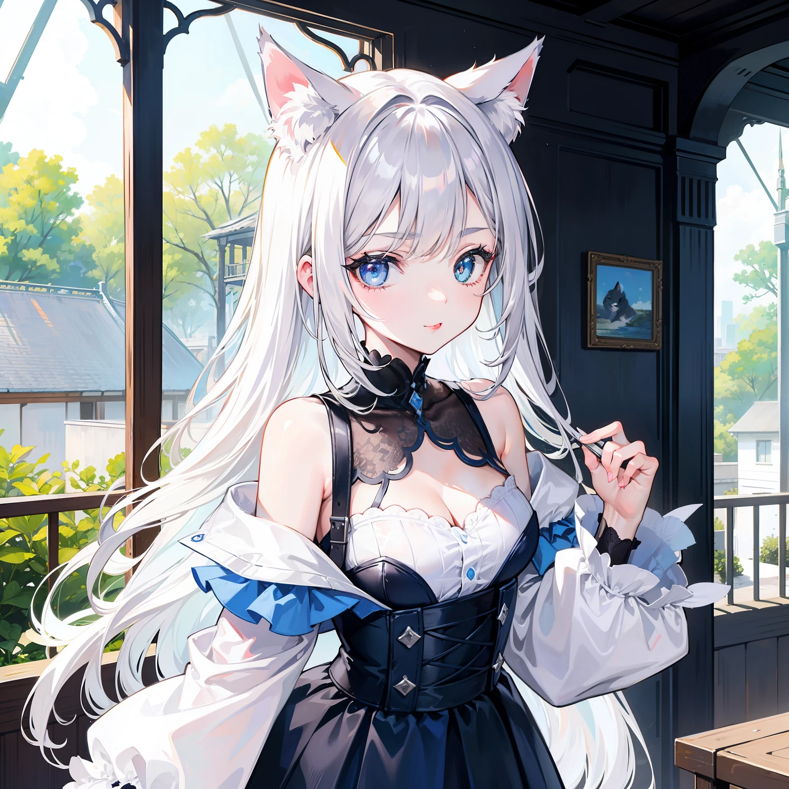 A beautiful fille, or young woman, is depicted in the image with her tongue out, lost in thought or perhaps finding amusement. Her big feline ears add an alluring mystique to her appearance, while her messy silver hair cascades around her shoulders, giving off an air of playfulness. Her peau blanche, or fair complexion, is accentuated by her petit sourcils, or small, delicate eyebrows, and her striking yeux de chat, or blue-gray cat eyes, are filled with curiosity and intrigue. A black upper lip adds a hint of boldness to her features, making for a truly enchanting portrait.