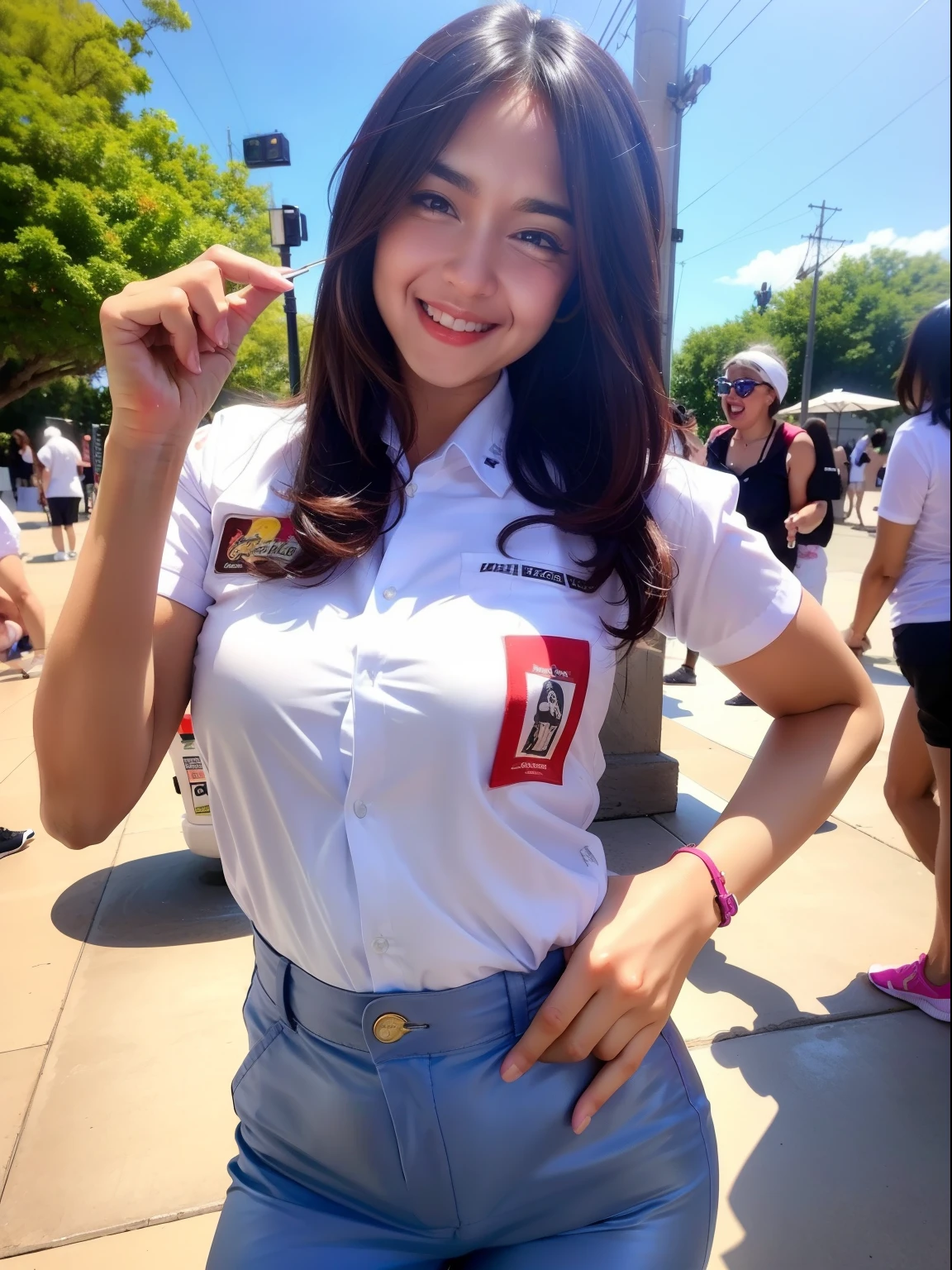 1girl, (uniform_doodle, doodle), outdoors, detailed face, detailed eyes, huge breasts, shiny skin, looking at the audience, (laughing cute: 1.2), (happy), (8k, RAW photo, best quality, masterpiece: 1.2), (realistic, realistic: 1.37), ultra-high resolution