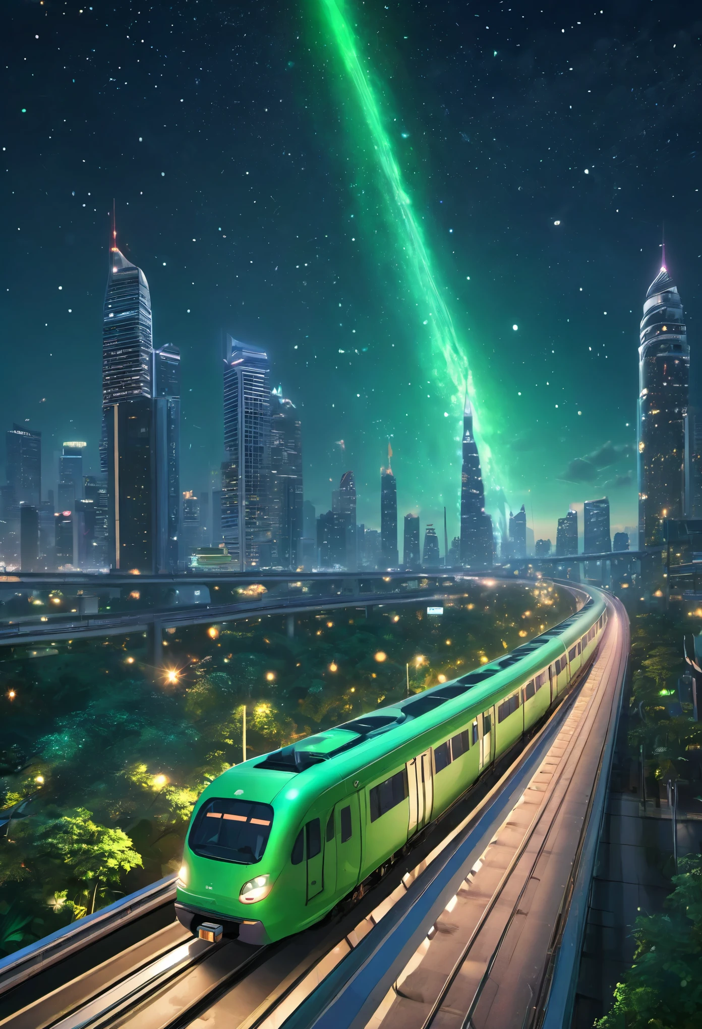 green meteorite It has a long tail., in the sky of Bangkok, full of skyscrapers, sky train, A road with a lot of cars driving on it., night time , Starry sky, galaxy, ghibli style , 4K , Masterpiece, various colored lights, Photorealistic