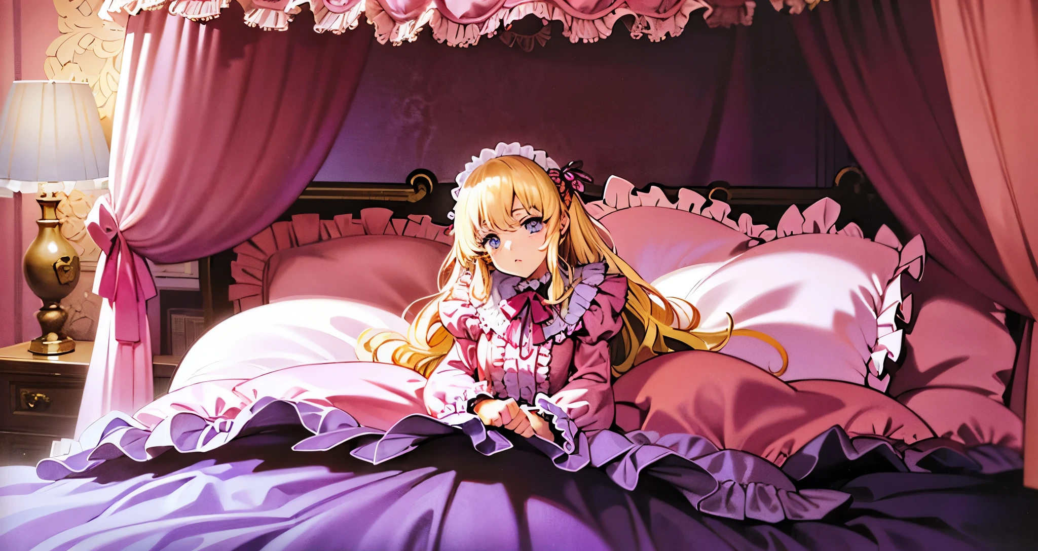 ,highest quality, masterpiece, highest resolution, artwork, super それにget used to it, many get used to it, get used to it, それにget used to it, 3K anime illustration,((  girl)),Super detailed baby face,hty small face,long blonde hair that grows to the waist,blue eyes,白い肌のeuropean,pajamas, european,(((super long blonde hair))),curly hair,blue eyes,((((ピンクのロリータファッションのlong skirtのワンピースドレス)))),((Pink nightgown with lots of frills and ribbons)),((Luxurious headdress with frills and ribbons)),detailed headdress,,(((big yoke collar))),Yoke collar with ruffles and ribbons,((((long sleeve)))),ruffle sleeves,((((long skirt)))),white ruffle and lace socks,large frill and ribbon pillow,(((Nice pink outfit))),豪華なcanopy bedの上,canopy bed,The bed is surrounded by luxurious curtains,many frilly pillows on the bed,There are many frilly pillows behind the girl.,super detailed background,detailed bed,soft pink comforter,Highly detailed soft ruffle pillow,Beautiful girl illustration,detailed beautiful face,fine hair,detailed eye ,detailed eyes,detailed mouth, arm details,fine hands,Detailed pillow,wide bed,Illustration on the bed, ,((((round futon)))),((((A large ruffled futon that covers the entire bed)))),detailed comforter,detailed bedシーツ,Before bedtime,romantic atmosphere,palace bedroom,((((The lower half of the body is hidden under the futon and the puffy skirt....)))) The girl is leaning on a pile of pillows, ,((((round futon)))),((((A large ruffled futon that covers the entire bed)))),