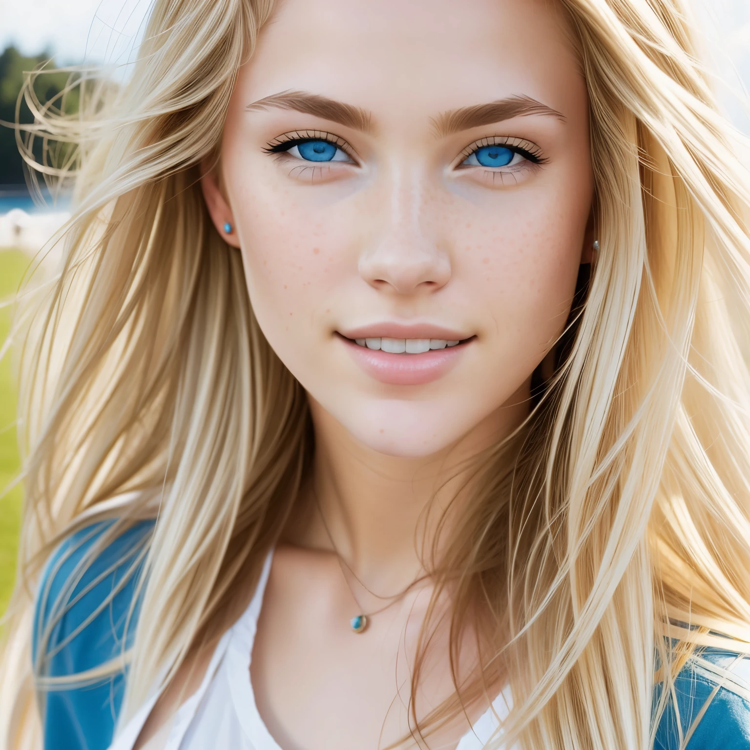 ((best quality)), ((masterpiece)), (detailed), perfect face blond woman with freckled hair and blue eyes smiling, light freckles, more freckles