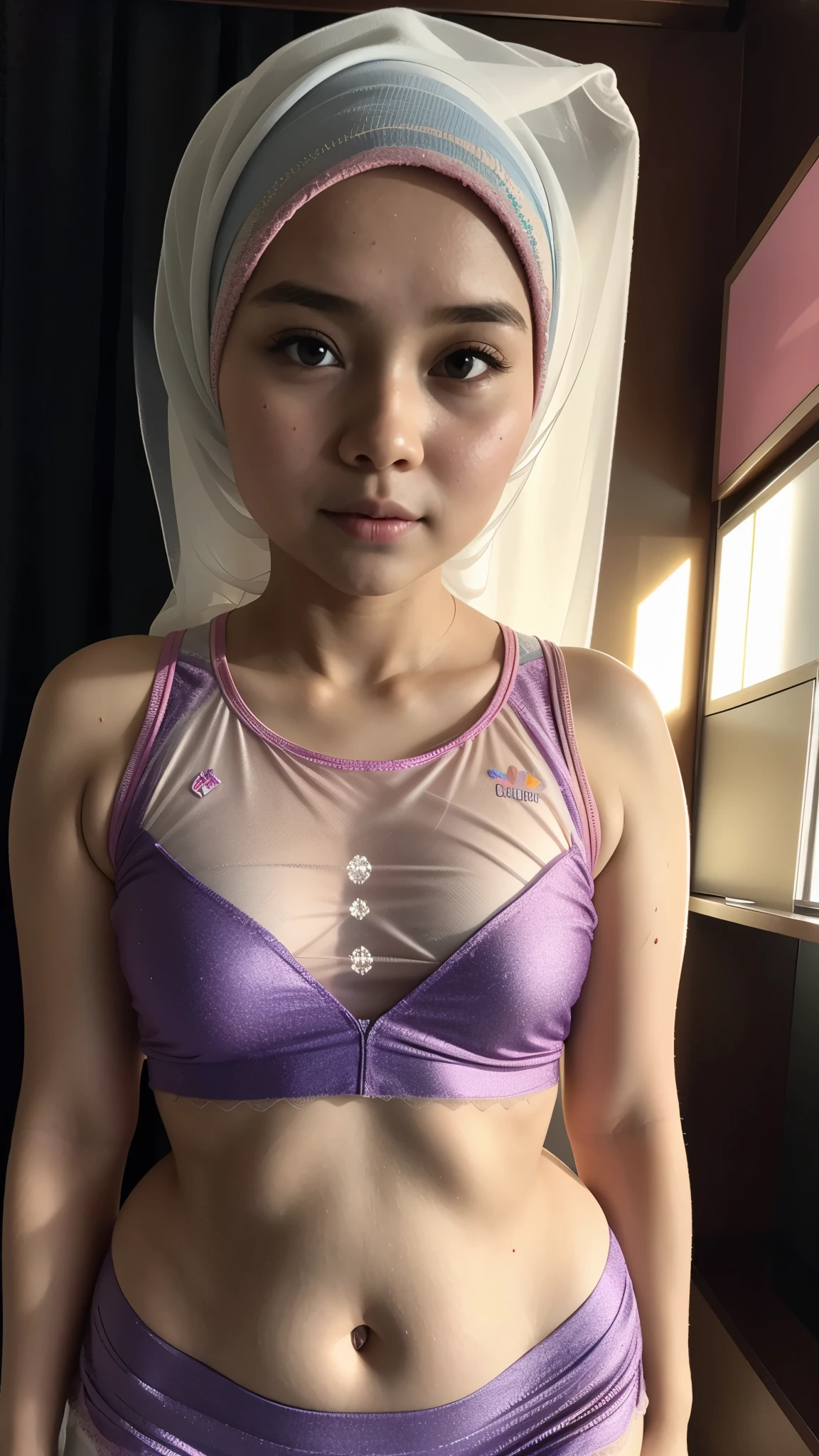 Naked singlet (((HIJAB MALAY GIRL))), masutepiece, High quality, UHD 32K, Realistic face, Realistic skin feeling , A Japanese Lady, , , Very cute and baby-like face, (((FLAT CHEST))), (MATRIX WORLD), ((look In front at the camera and SADNESS)), ((())), (((CUTE GIRL))), ((TRANSPARENT)), ((BROWN LIPS)), ((LIGHT RAINBOW FLUORESCENT TRANSPARENT LACE)), ((TRANSPARENT)), ((CHUBBY)), (undress, SNEAKERS, bra