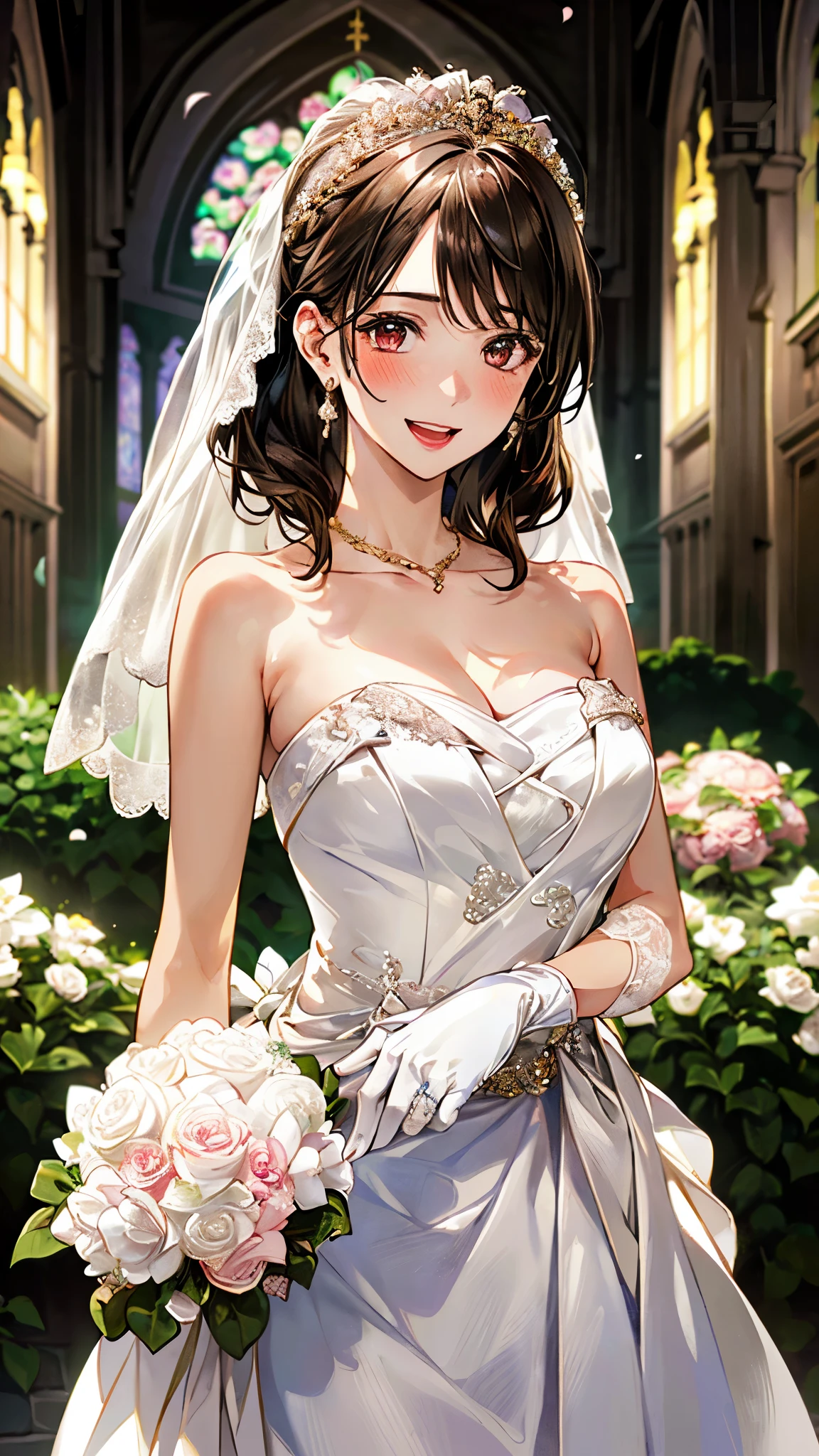 (masterpiece:1.2, top-quality, ultra high res, ultra detailed), (realistic, photorealistic:1.4), beautiful illustration, (natural side lighting, movie lighting), depth of fields,
looking at viewer, bust photo, 1 girl, 17 years old, perfect face, (perfect ???????), cute and symmetrical face, baby face, shiny skin, 
(middle hair:1.5, tight pony hairstyle:1.5, light brown hair), asymmetrical bangs, gold eyes, pink lips, long eye lasher, (large breasts:1.3), 
beautiful hair, beautiful face, beautiful detailed eyes, beautiful clavicle, beautiful body, beautiful chest, beautiful thigh, beautiful legs, beautiful fingers, 
detailed cloth texture, wedding mini dress, head flower, headdress, (bandeau wedding dress:1.5), (silk dress:1.2), (strapless wedding dress:1.5), 
plain white dress, necklace, earring, cleavage, bouquet, (lace gloves:1.2), (bridal veil:1.2),(short transparent veil:1.2), 
(beautiful scenery), evening, (flower garden, cherry blossom, outside church) standing, (happy smile, blush, open mouth small), 