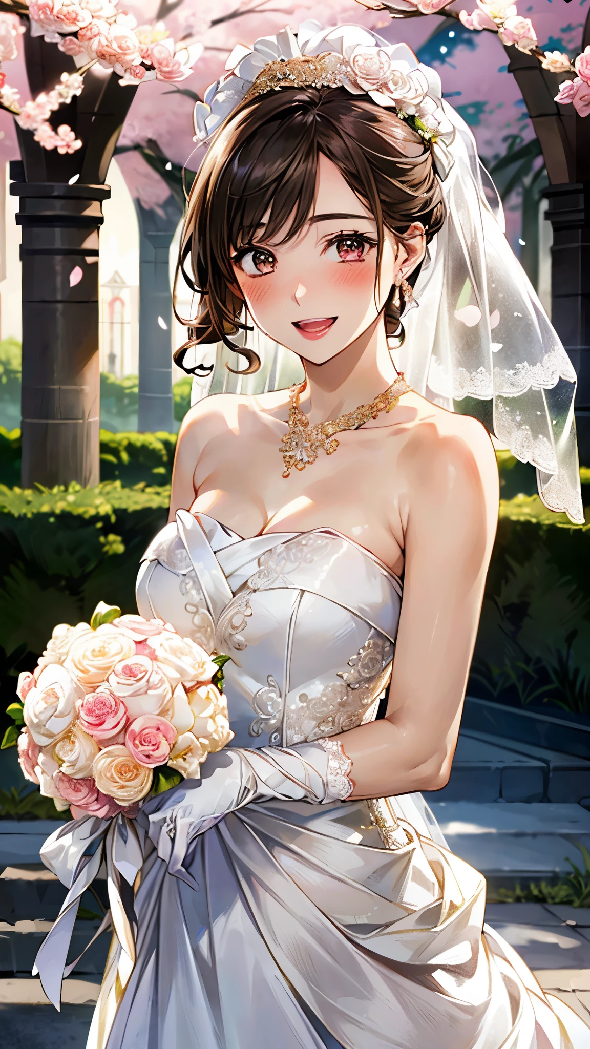 (masterpiece:1.2, top-quality, ultra high res, ultra detailed), (realistic, photorealistic:1.4), beautiful illustration, (natural side lighting, movie lighting), depth of fields,
looking at viewer, bust photo, 1 girl, 16 years old, perfect face, (perfect ), cute and symmetrical face, baby face, shiny skin, 
(short hair:1.5, half updo:1.5, brown hair), hair between eyes, blue eyes, pink lips, long eye lasher, (large breasts:1.3), 
beautiful hair, beautiful face, beautiful detailed eyes, beautiful clavicle, beautiful body, beautiful chest, beautiful thigh, beautiful legs, beautiful fingers, 
detailed cloth texture, wedding princess dress, head flower, headdress, (bandeau wedding dress:1.5), (silk dress:1.2), (strapless wedding dress:1.5), 
plain white dress, necklace, earring, cleavage, bouquet, (lace gloves:1.2), (bridal veil:1.2),(short transparent veil:1.2), 
(beautiful scenery), evening, (flower garden, cherry blossom, outside church) standing, (happy smile, blush), 