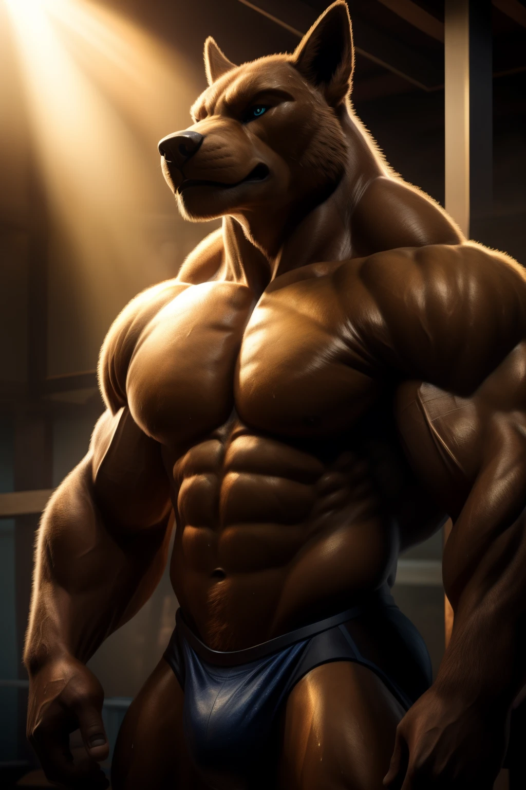 A powerful and imposing canine figure stands against a backdrop of bob sponges, his muscular human body radiating strength and athleticism. His fur glistens with a sheen of sweat, and his broad shoulders and bulging biceps are testaments to his intense training regime. His eyes, full of focus and determination, fixate on the viewer with an unwavering gaze. The sunlight filters through the water, casting a warm, golden glow over his sculpted form. This stunning, high-resolution image, created by the artist "s2," is a masterpiece of anthropomorphic realism, showcasing perfect anatomy, intricate details, and a detailed face with express
