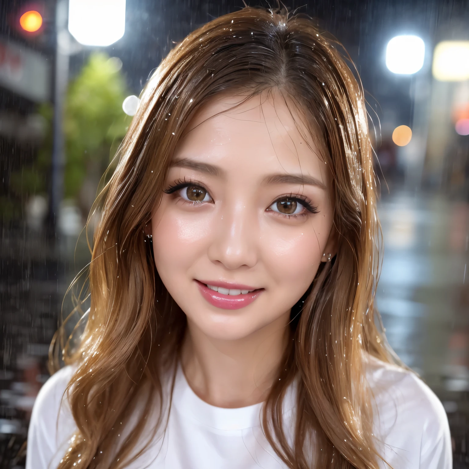 (table top、highest quality、8k、Award-winning work、ultra high resolution)、one beautiful woman、(soaking wet white shirt:1.2)、(soaking wet blonde:1.2)、(soaking wet brown hair:1.2)、(Drenched and shiny hair:1.2)、(My skin is visible through my soaking wet shirt:1.2)、(the wettest skin:1.2)、(Super high-definition fine real water splashes:1.2)、(Drops of rain falling down my wet face:1.2)、(Perfect and most natural ultra-high definition water splashes:1.2)、color contacts、perfect makeup、long eyelashes、beautiful eyeshadow、bright and glossy lipstick、Very long wavy hair、(The happiest and funniest smile you see on me:1.1)、(very heavy rain:1.2)、(heavy rain:1.2)、(wet and shiny skin:1.2)、(A woman whose whole body is soaked wet:1.2)、(close up of face:1.6)、(Strongly blurred lively Shibuya city background:1.1)、(Strongly blurred background:1.1)、accurate anatomy、ultra high definition hair、(ultra high resolutionの完璧な美しい歯:1.1)、Ultra high definition beauty face、ultra high definition hair、Super high-definition sparkling eyes、輝くultra high resolutionの美肌、ultra high resolutionの艶やかな唇
