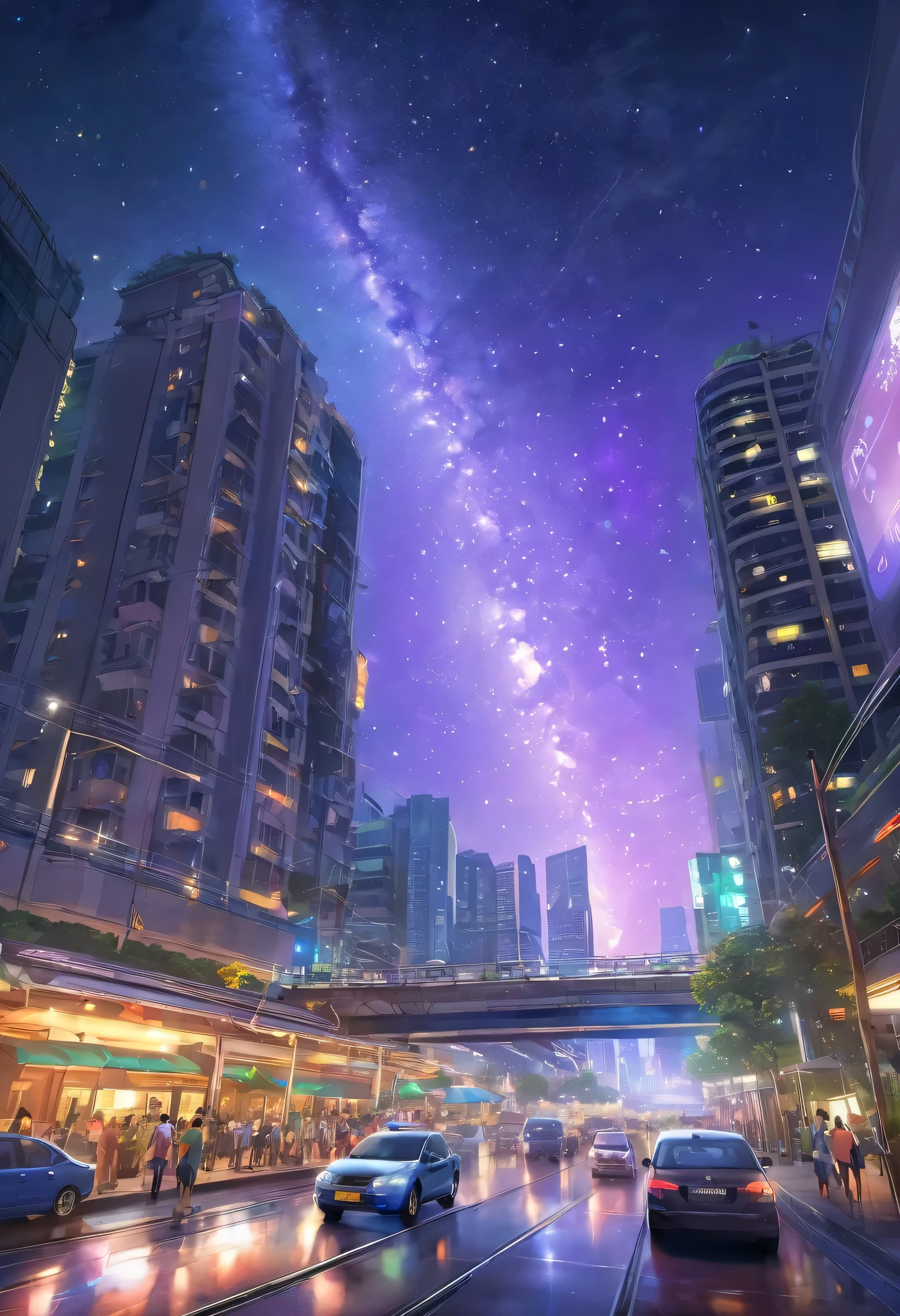 meteoriteสีเขียว มีหางเป็นทางยาว, in the sky of Bangkok, full of skyscrapers, sky train, A road with many cars passing by.., night time , starry sky, galaxy, Ghibli style , 4k , Masterpiece, various colored lights, Photorealisticlight reflected in the sky, Night atmosphere,(full moon:1.2),(meteorite:0.9),(Star Cloud:1.3),warm light source:1.2),lamp lights,Lots of purple and orange....,detailsที่ซับซ้อน,lightตามปริมาตร,Realism BREAK(ผลMasterpiece:1.2),(best quality),8k,มีdetailsมาก,(dynamic elements:1.4),ซึ่งมีdetailsมาก,detailsที่มีสีสัน,(rainbow colors:1.2),(light,atmosphere light),dream magical,magical,(single:1.2),((best quality)), ((ผลMasterpiece)), (details:1.4),Maximum depth of field and clarity,perfect proportions,fluttering clouds