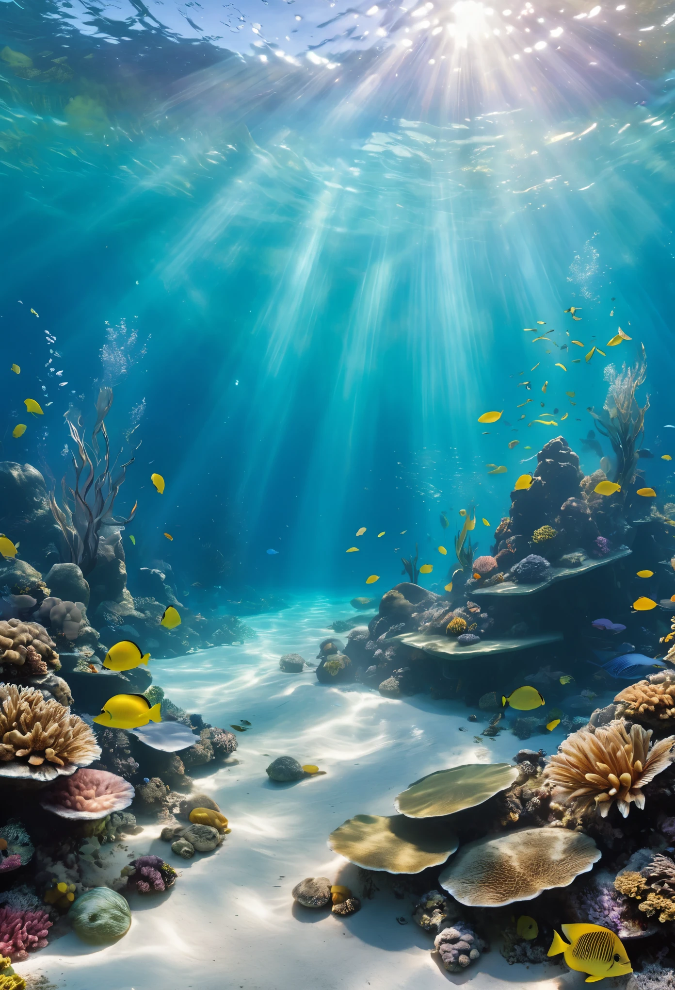 In a serene underwater environment, observe the Tyndall Effect showcasing its intricate beauty in crystal-clear waters teeming with shimmering microscopic particles triggered by sunlight. Emphasize realistic textures and precise details to replicate this stunning natural phenomenon.