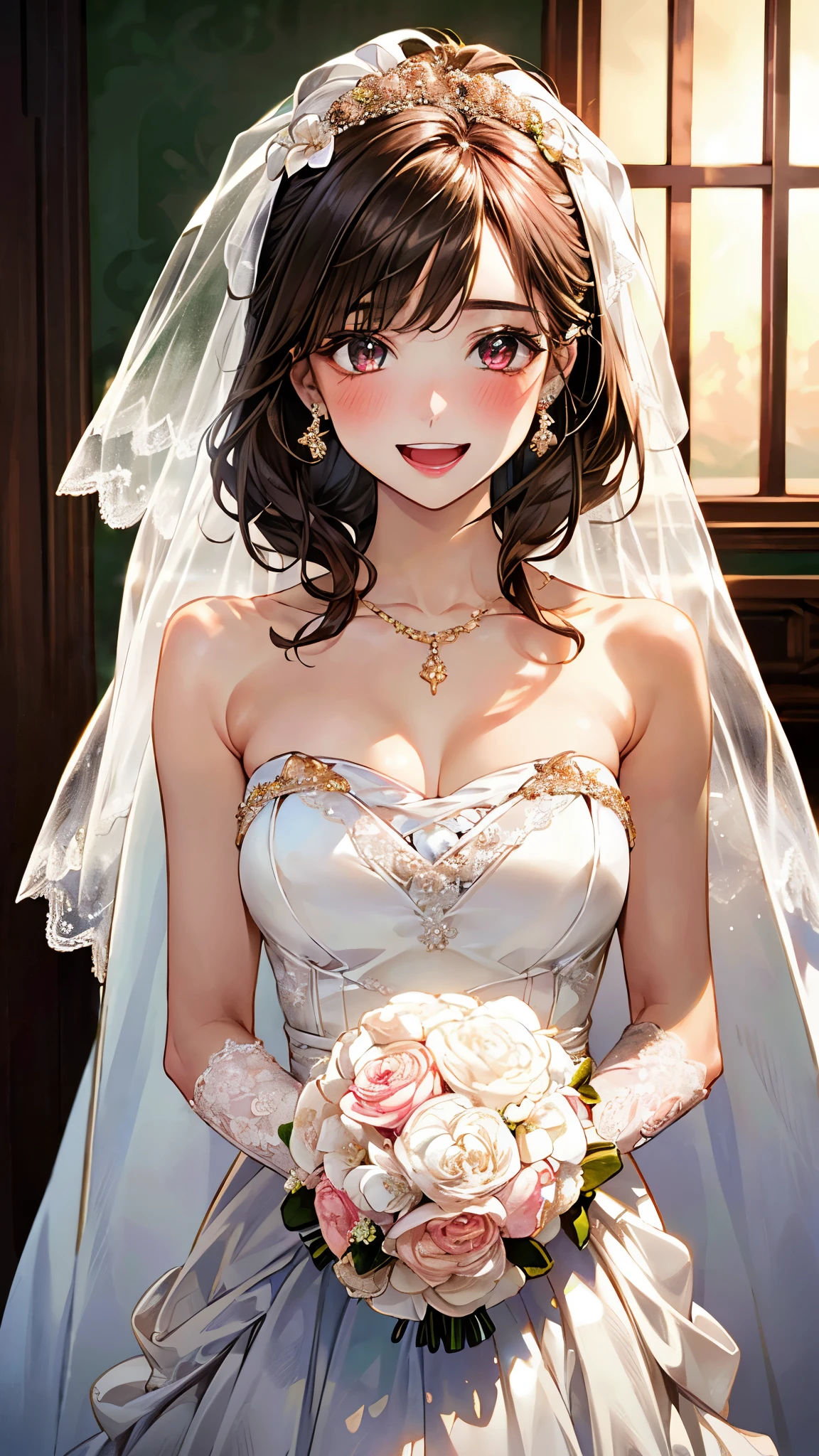 (masterpiece:1.2, top-quality, ultra high res, ultra detailed), (realistic, photorealistic:1.4), beautiful illustration, (natural side lighting, movie lighting), depth of fields,
looking at viewer, bust photo, 1 girl, 17 years old, perfect face, (perfect anatomy), cute and symmetrical face, baby face, shiny skin,
(middle hair:1.5, tight pony hairstyle:1.5, light brown hair), asymmetrical bangs, gold eyes, pink lips, long eye lasher, (large breasts:1.3),
beautiful hair, beautiful face, beautiful detailed eyes, beautiful clavicle, beautiful body, beautiful chest, beautiful thigh, beautiful legs, beautiful fingers,
detailed cloth texture, wedding mini dress, head flower, headdress, (bandeau wedding dress:1.5), (silk dress:1.2), (strapless wedding dress:1.5),
plain white dress, necklace, earring, cleavage, bouquet, (lace gloves:1.2), (bridal veil:1.2),(short transparent veil:1.2),
(beautiful scenery), evening, (wedding park) standing, (happy smile, blush, open mouth small),