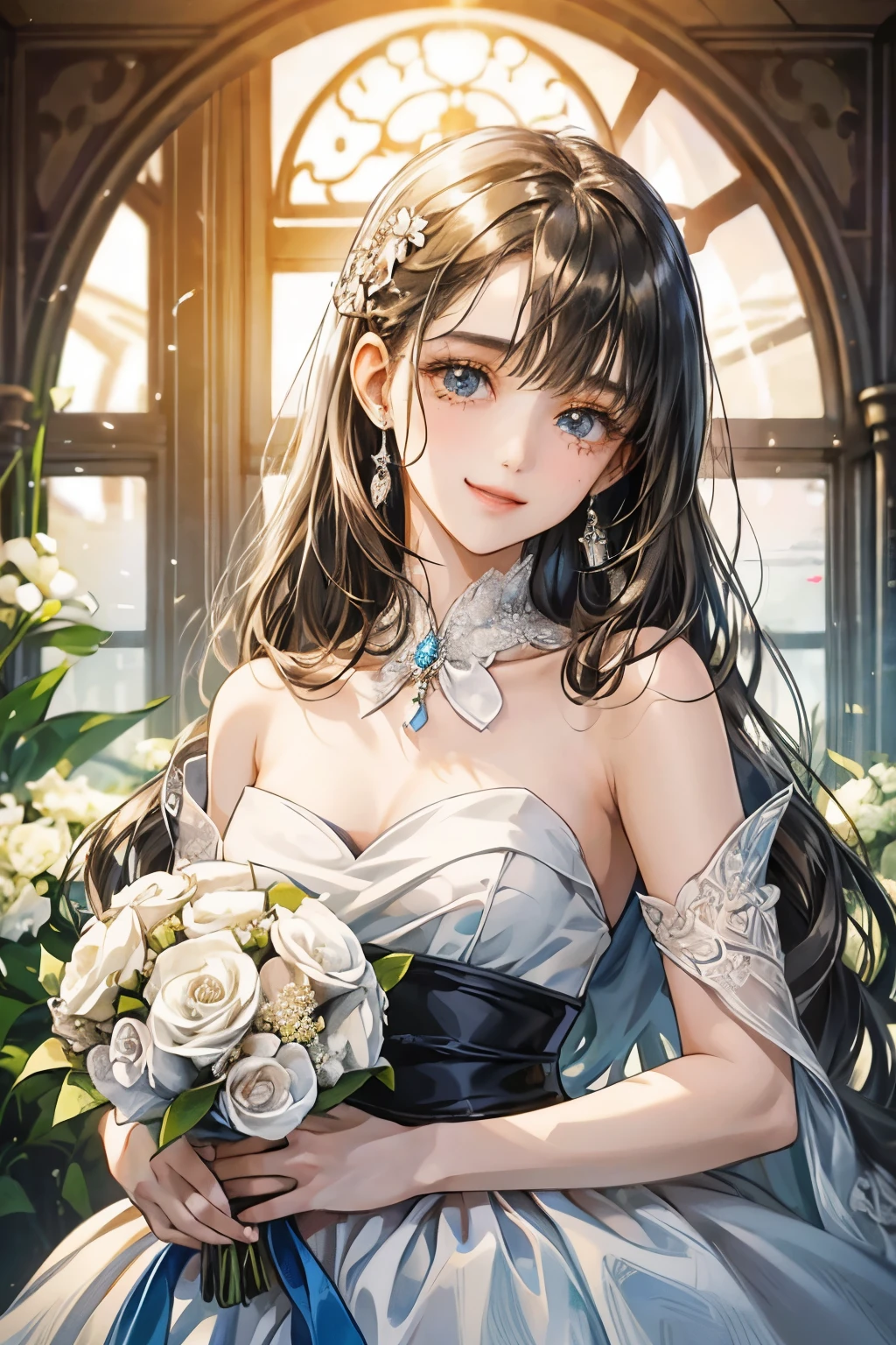 white、Ocean、droppy eyes、brown eyeole on face、smile、17 year old female、woman wearing one piece、long hair girl、((long hair girl))、girl with bangs、detailed face、clear face、((Highest image quality))、mole、bouquet、bride