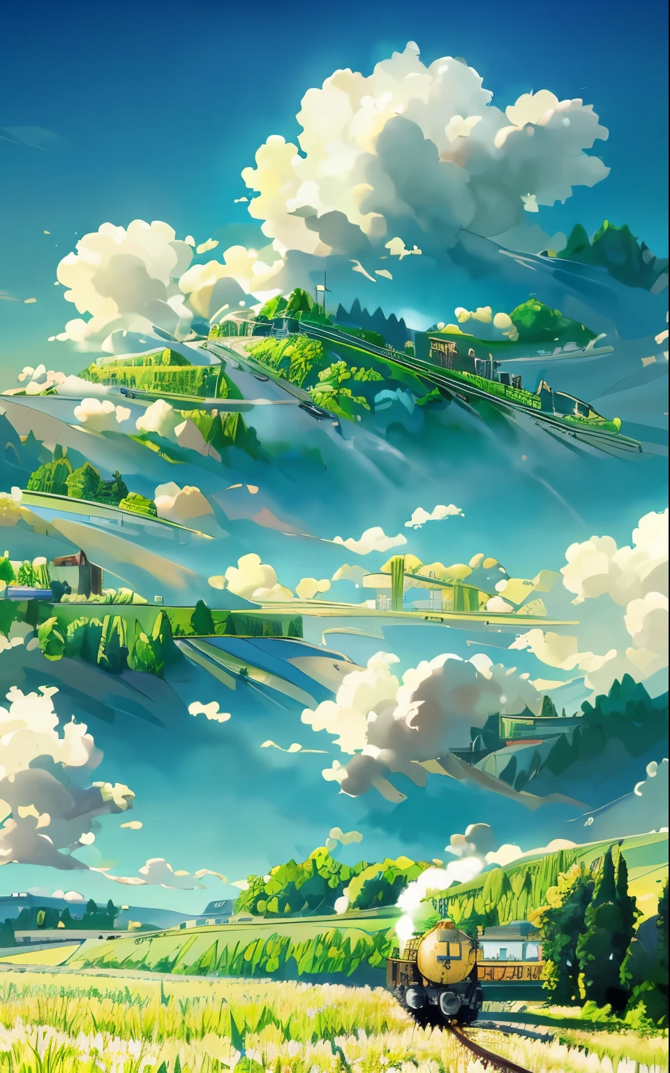 there is a train that is going down the tracks in the field, anime countryside landscape, made of tree and fantasy valley, scenery art detailed, beautifull puffy clouds. anime, detailed scenery —width 672, anime landscape wallpaper, anime landscape, studio ghibli landscape, 4k highly detailed digital art, amazing wallpaper, ross tran. scenic background, dreamy landscape