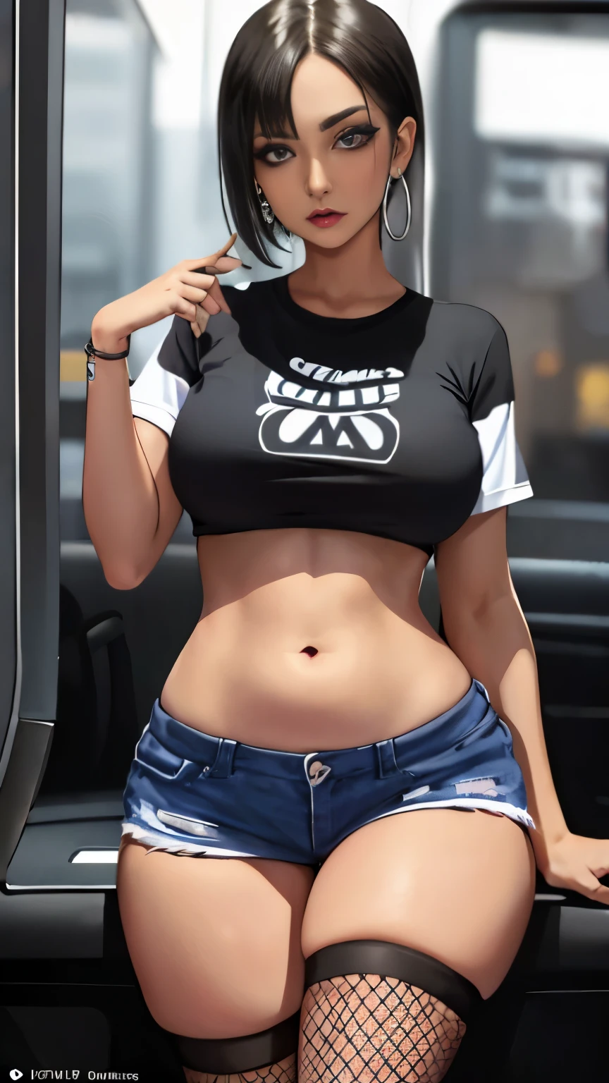 goth woman, (goth makeup), (white skin), (T-shirt and skinny mini shorts), (Show below ), (Fishnet tights), (belly button jewelry), (earrings), (earringsの唇), blue eyes, short messy black emo hair, (bedroom background), thick thighs, medium breasts, (8k), (wallpaper), (dynamic lighting), (detailed face and eyes:1.2)、big breasts、(car passenger seat)