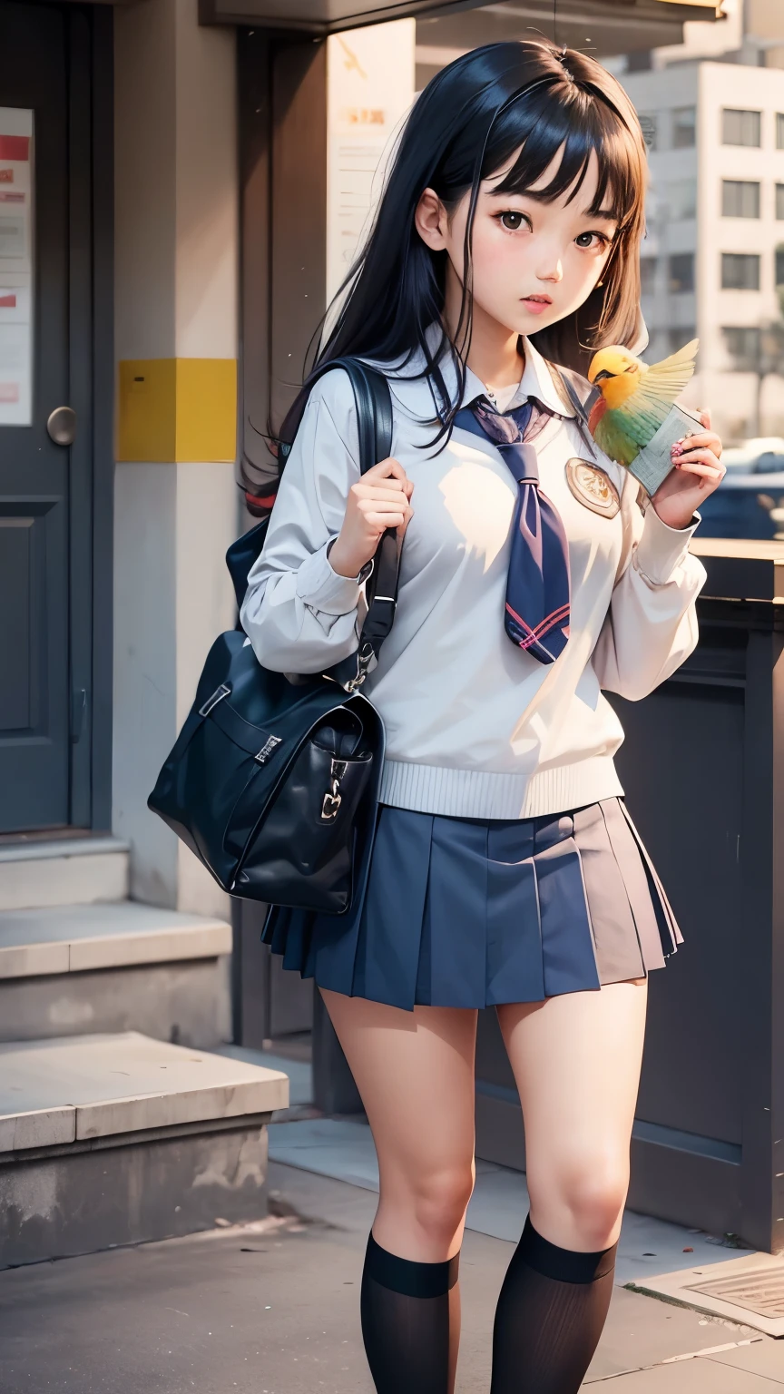 school girl give the money and bought the bird with her.