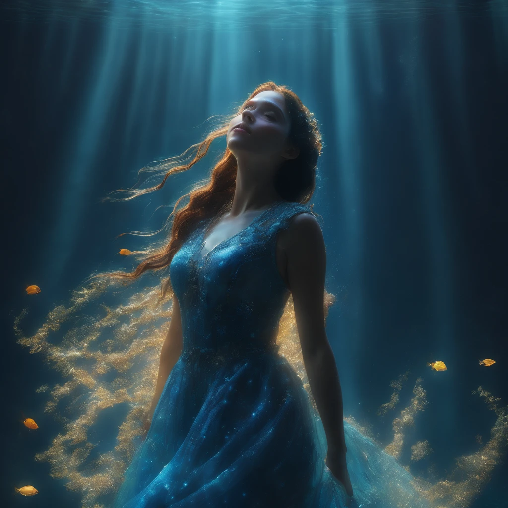 masterpiece, best quality, Tyndall effect, caustics, blue dress, underwater, 1girl, long hair, looking up, light scattering, volumetric lighting, light beams, sun rays, particles, atmosphere, photorealistic, unreal engine 5, cinematic lighting, 8k