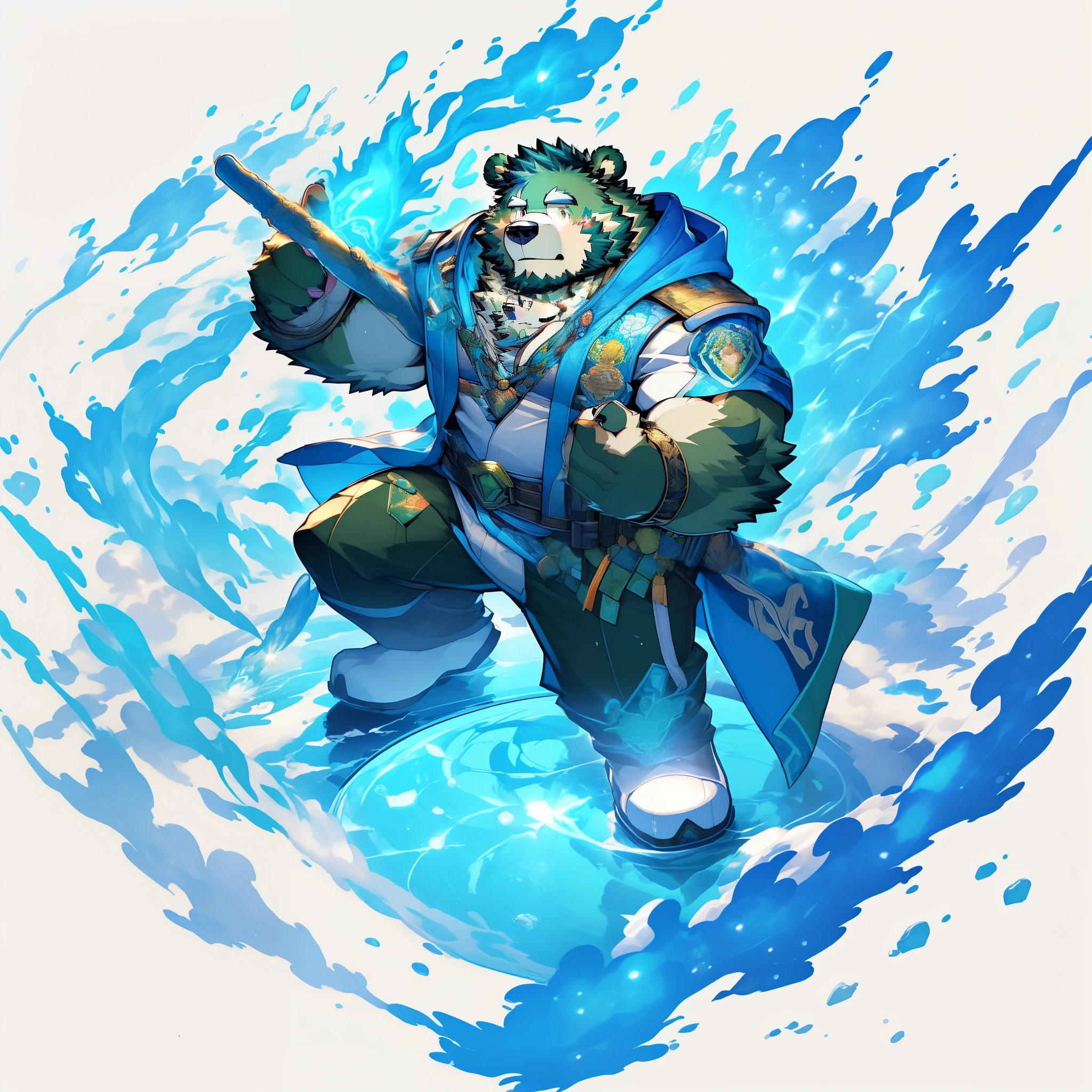 masterpiece, furry male, furry bear, green bear, ((long white coat)), ((hoodie)), ((black inner protective suit)), gray pants, ((military shoes)), daddy, mature, beard, tall, gacha splash art, splash art, more_details:1.5, magic, destruction, floating rocks and earth, spells, flame, thunder, water, add_detail:1, rainbow color magic, elemental wizard, fantasy , attacking, (((white background))),jinpei, splash art, full body, Genshin Impact ,(white background:1.5), detailed background, use a magic staff made from metal