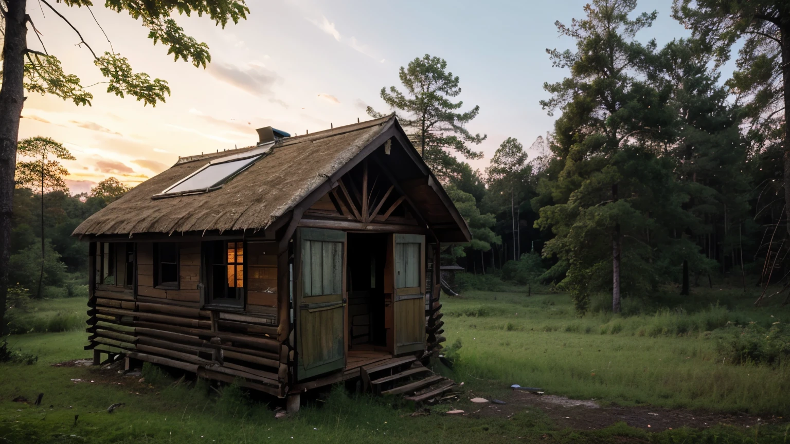 Abandoned hut, forest behind, evening time